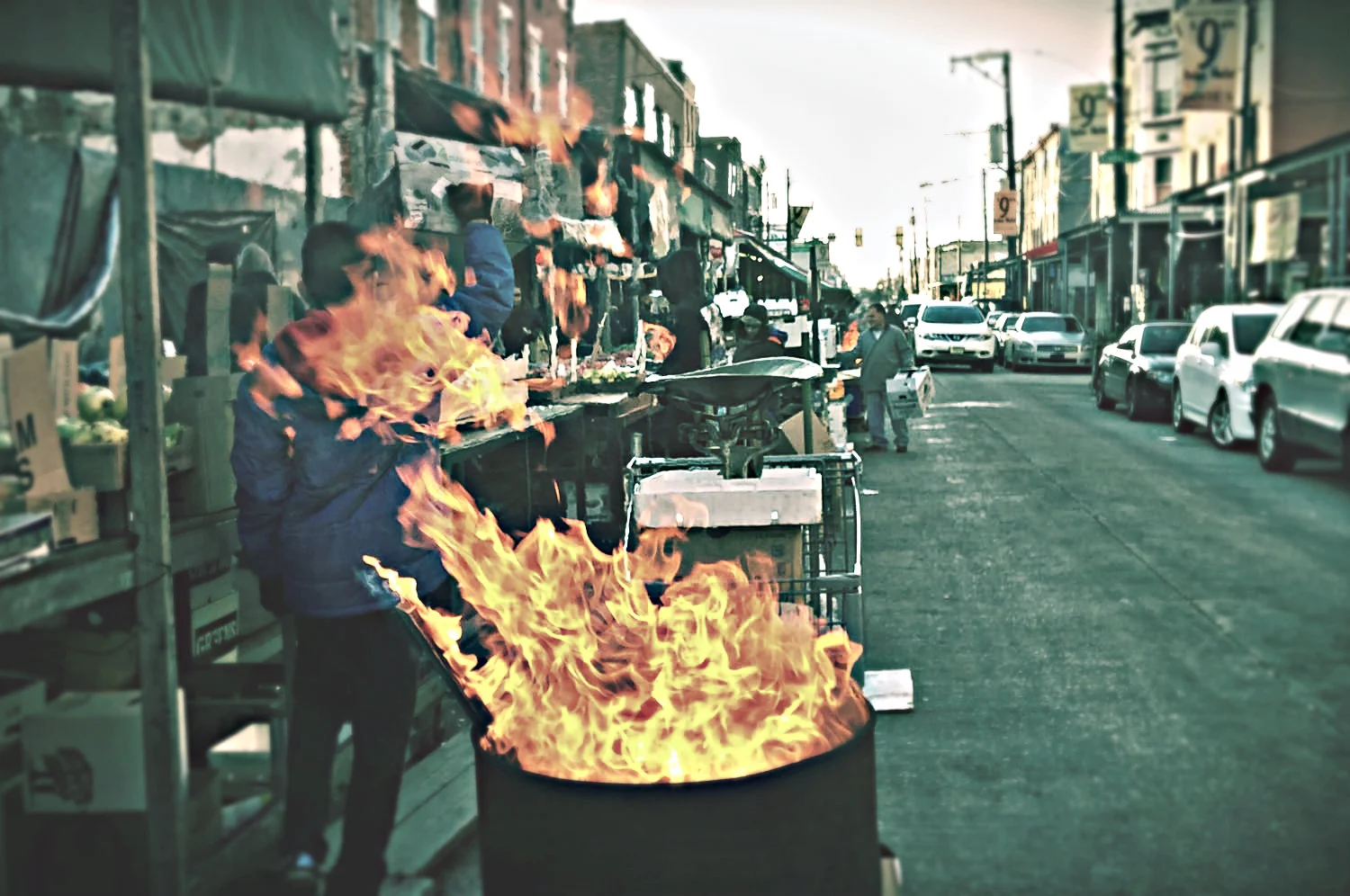 The famous burning garbage cans in the Italian Market , the oldest outdoor market in the U.S. Awesome place to stroll and eat.
