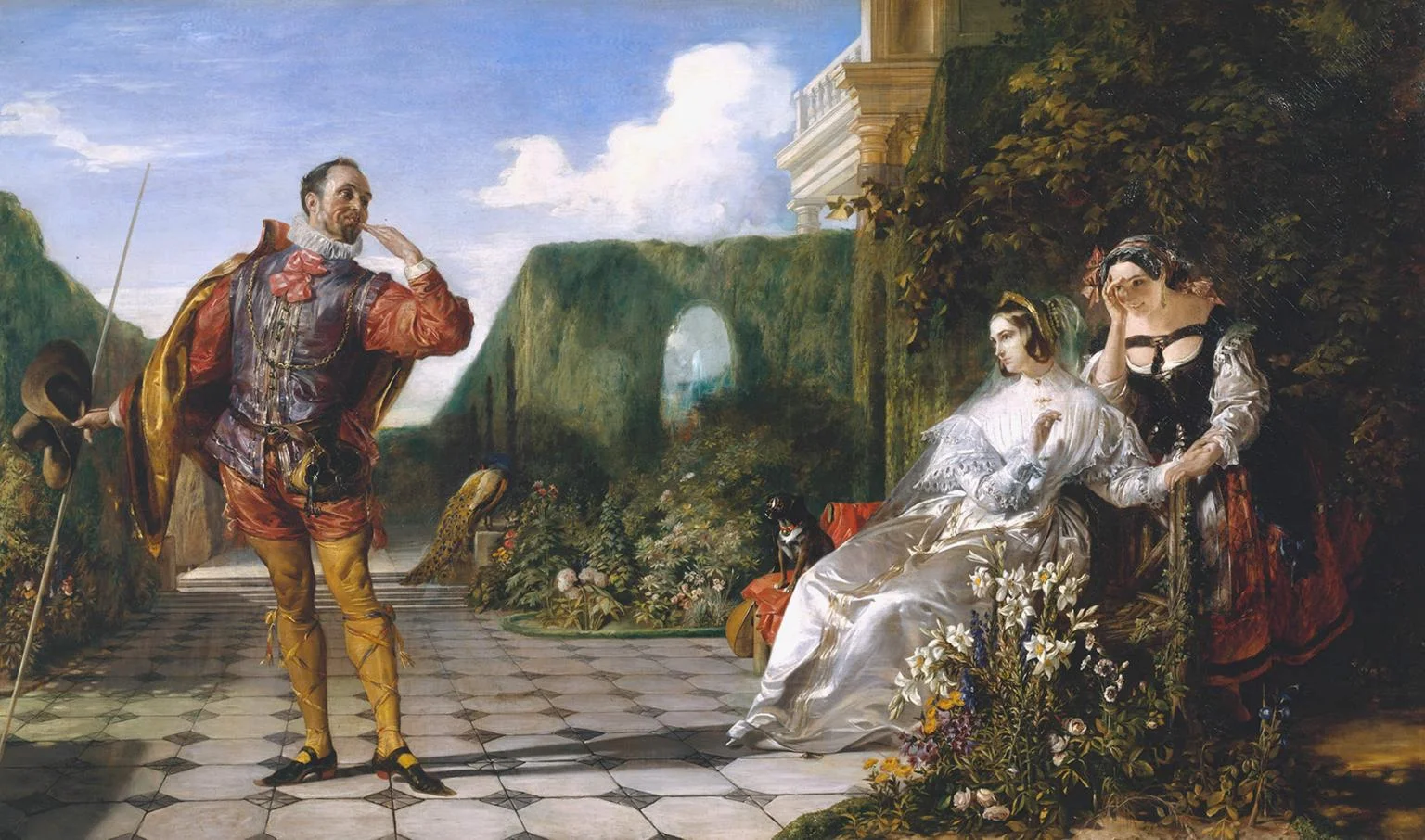 Malvolio with his cross-garters, in front of the lady Olivia, and her maid Maria. 