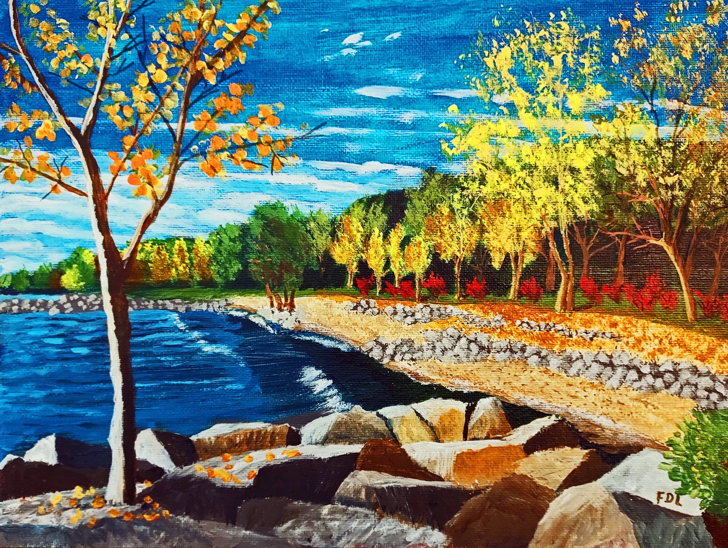 FRALIT003PR - Rocky Beach with Autumn Trees - A painting by Frank Littman.jpg