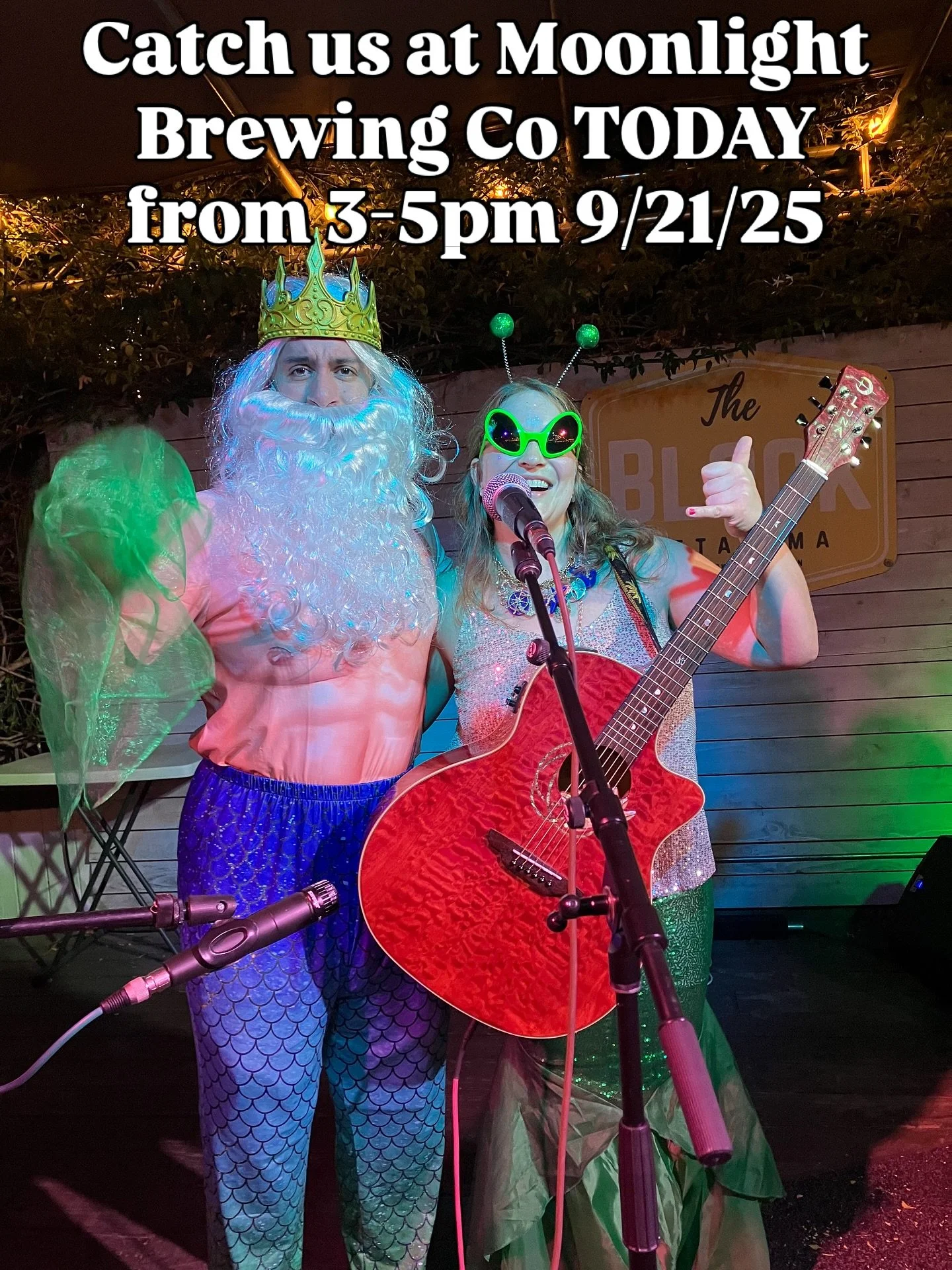 Catch this mermalien pair TODAY at @moonlightbrewing from 3-5PM to hear covers &amp; originals from @moodjungleband &amp; @lizfanoramusic 🎉🌈💖💿🎶🥳🧜🏼&zwj;♀️👽🛸