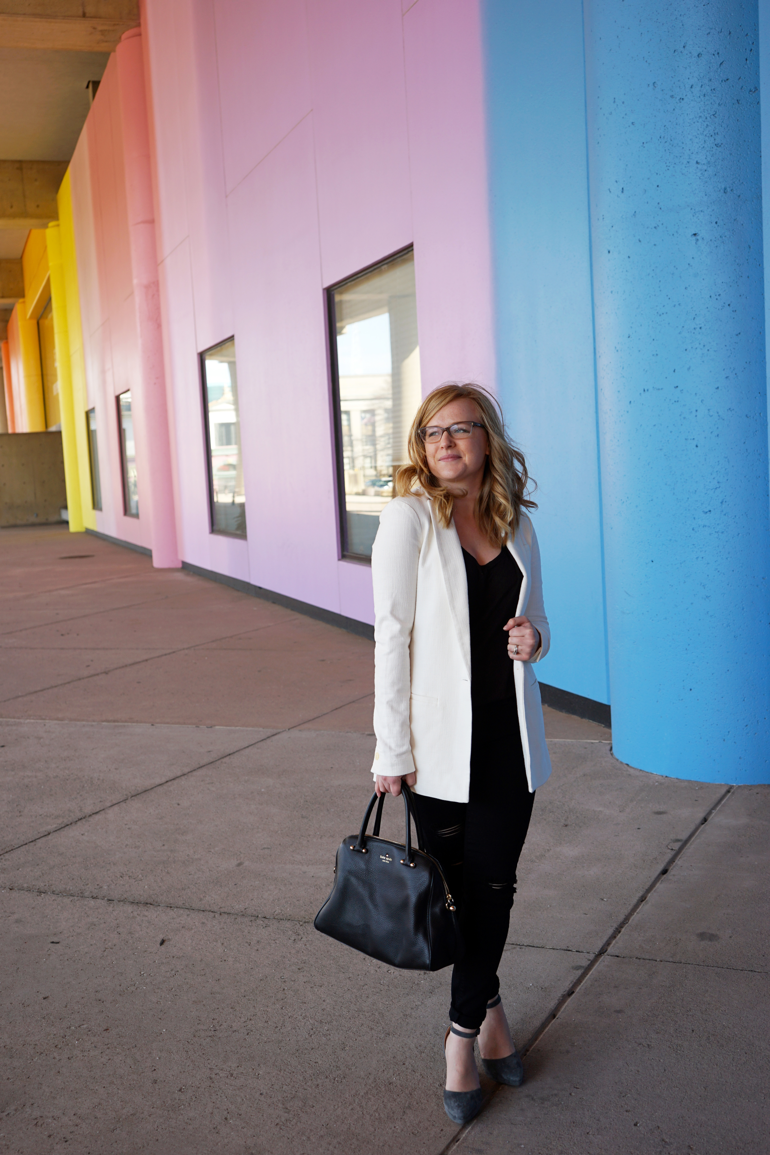 Via Spiga Nalo wedges, Banana Republic white linen boyfriend blazer, Lou & Grey layering tank top, Paige transcend verdugo black distressed jeans, Kate Spade Charles Street Brantley - Maggie a la Mode