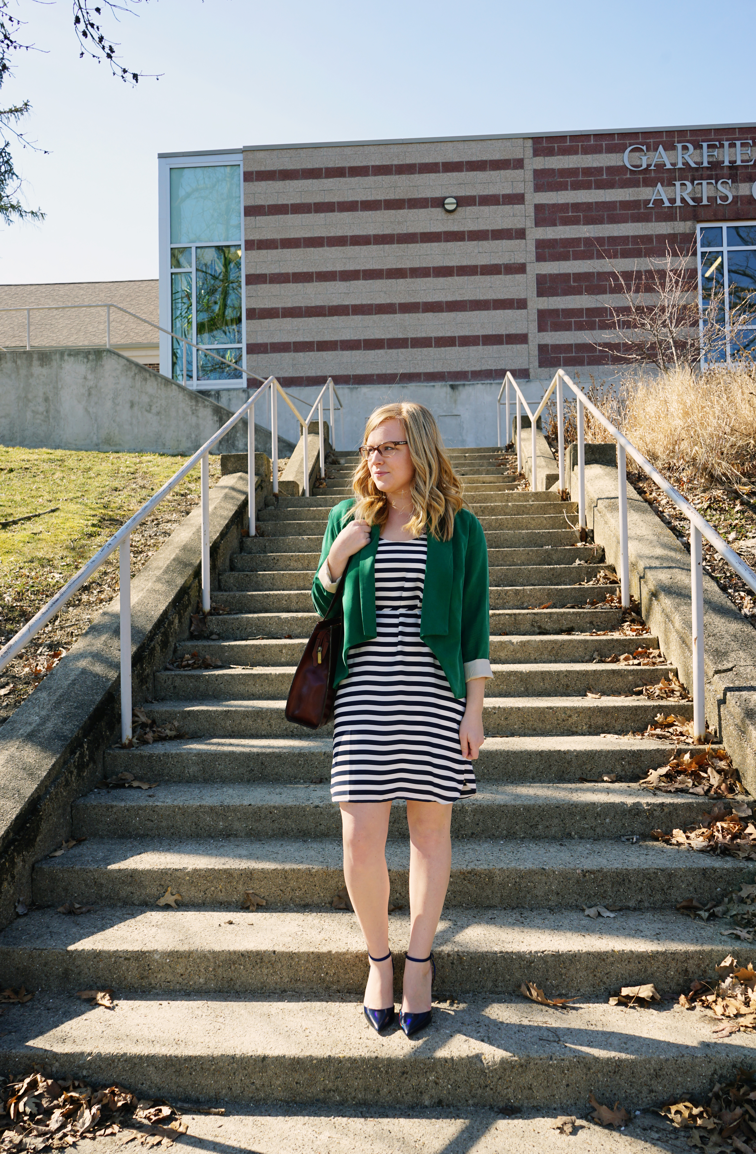 Ann Taylor LOFT striped shirttail tank dress, Badgley Mischka Presto ankle strap pointy toe pump, Anthropologie green drapey blazer, Italy leather purse - Maggie a la Mode