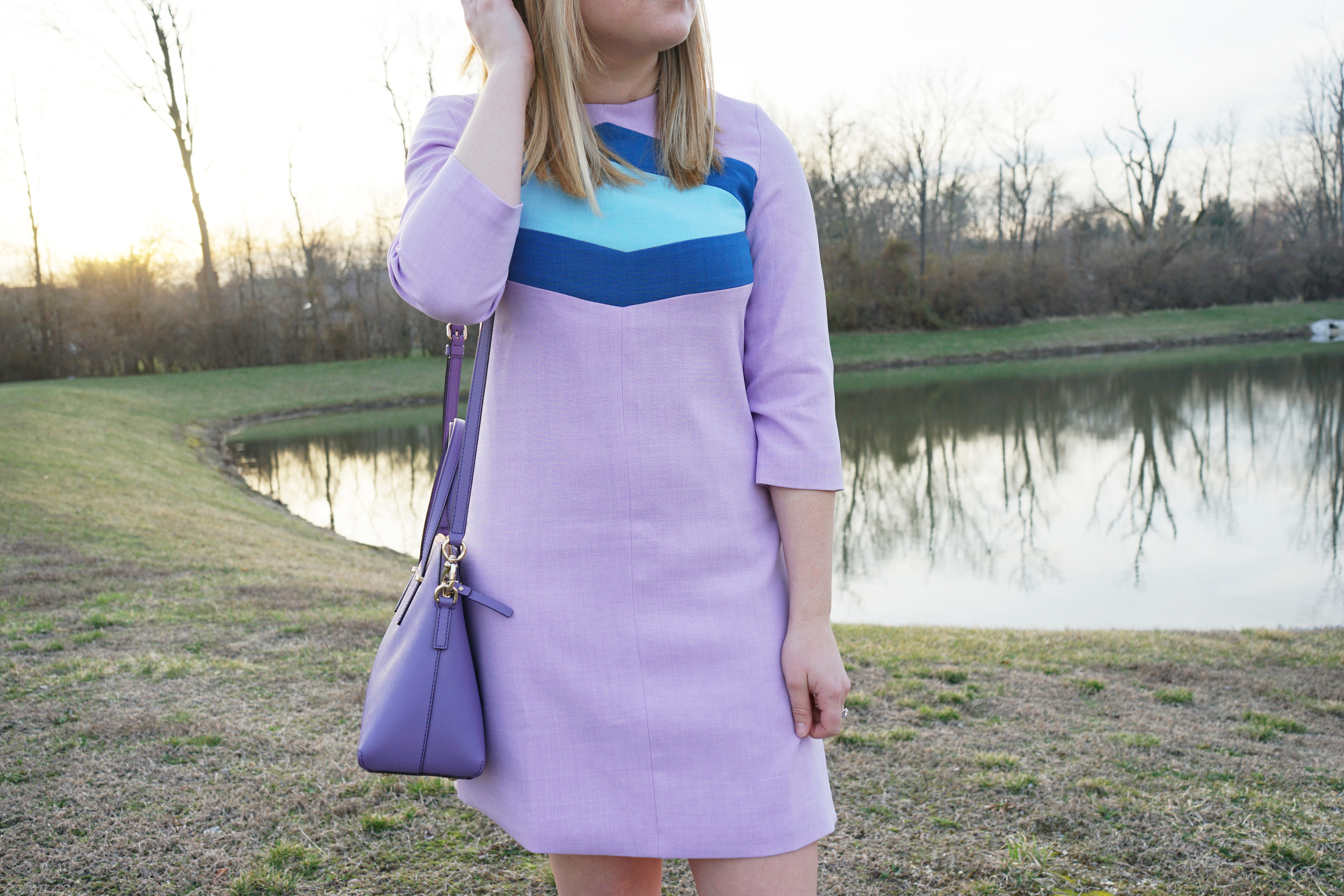 SheIn SheInside purple colorblock dress, Steve Madden Emalena sandals, Kate Spade cedar street purse - Maggie a la Mode