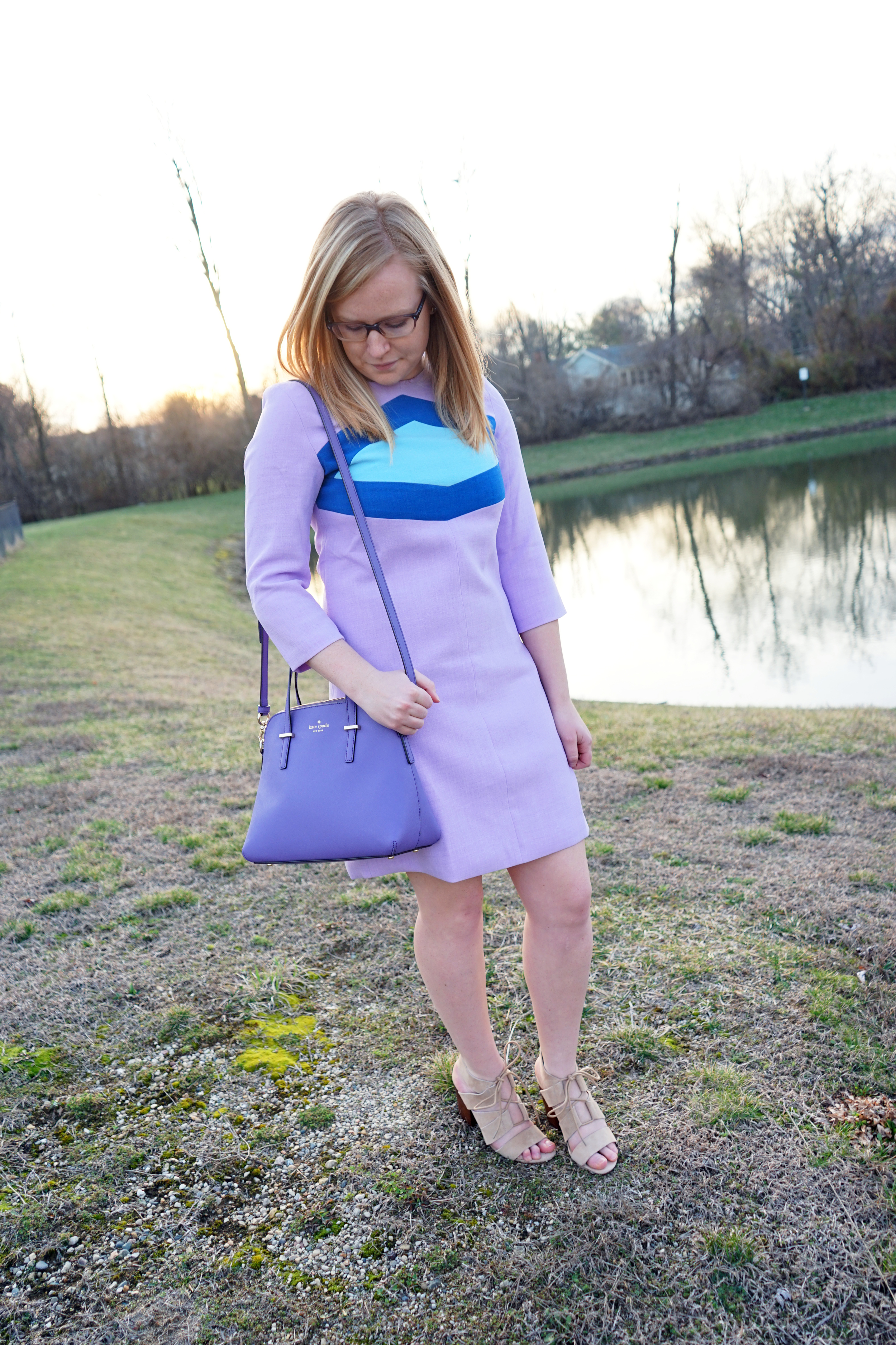 SheIn SheInside purple colorblock dress, Steve Madden Emalena sandals, Kate Spade cedar street purse - Maggie a la Mode