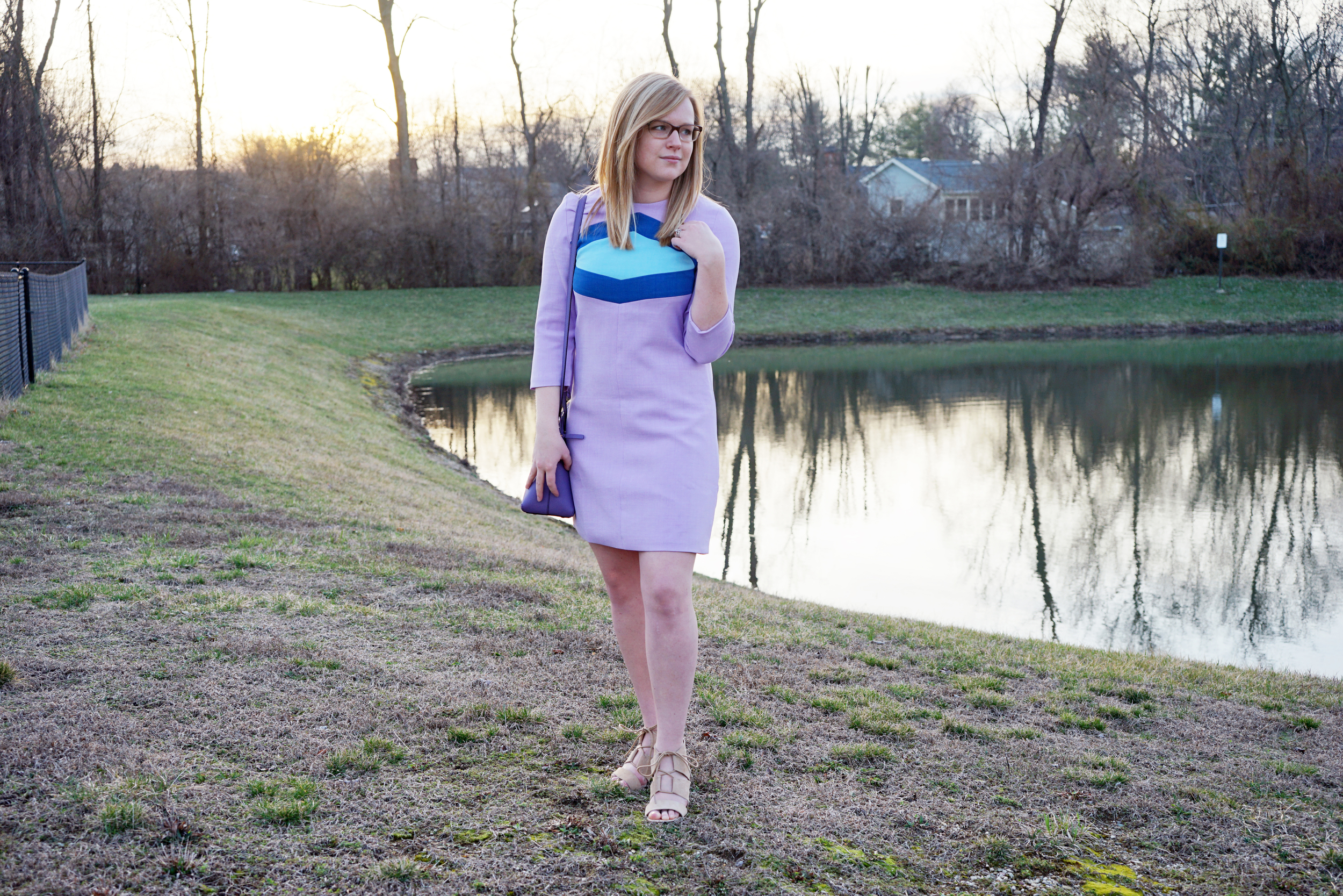 SheIn SheInside purple colorblock dress, Steve Madden Emalena sandals, Kate Spade cedar street purse - Maggie a la Mode