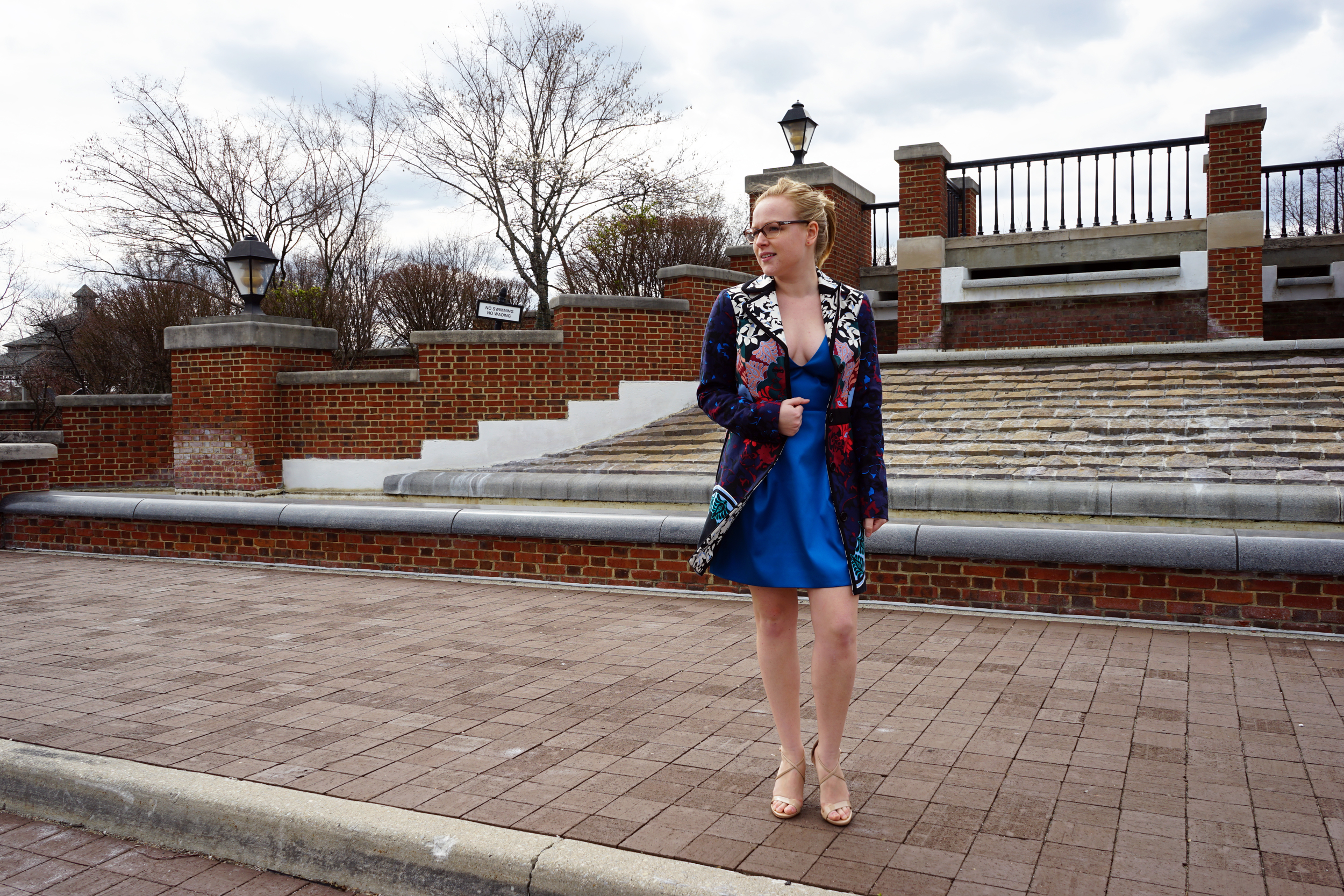 Topshop V-neck satin minidress, Helene Berman Future College Notch coat, Jimmy Choo Daysha heels, Anthropologie Florilege coat, Steve Madden Feliz sandals - Maggie a la Mode