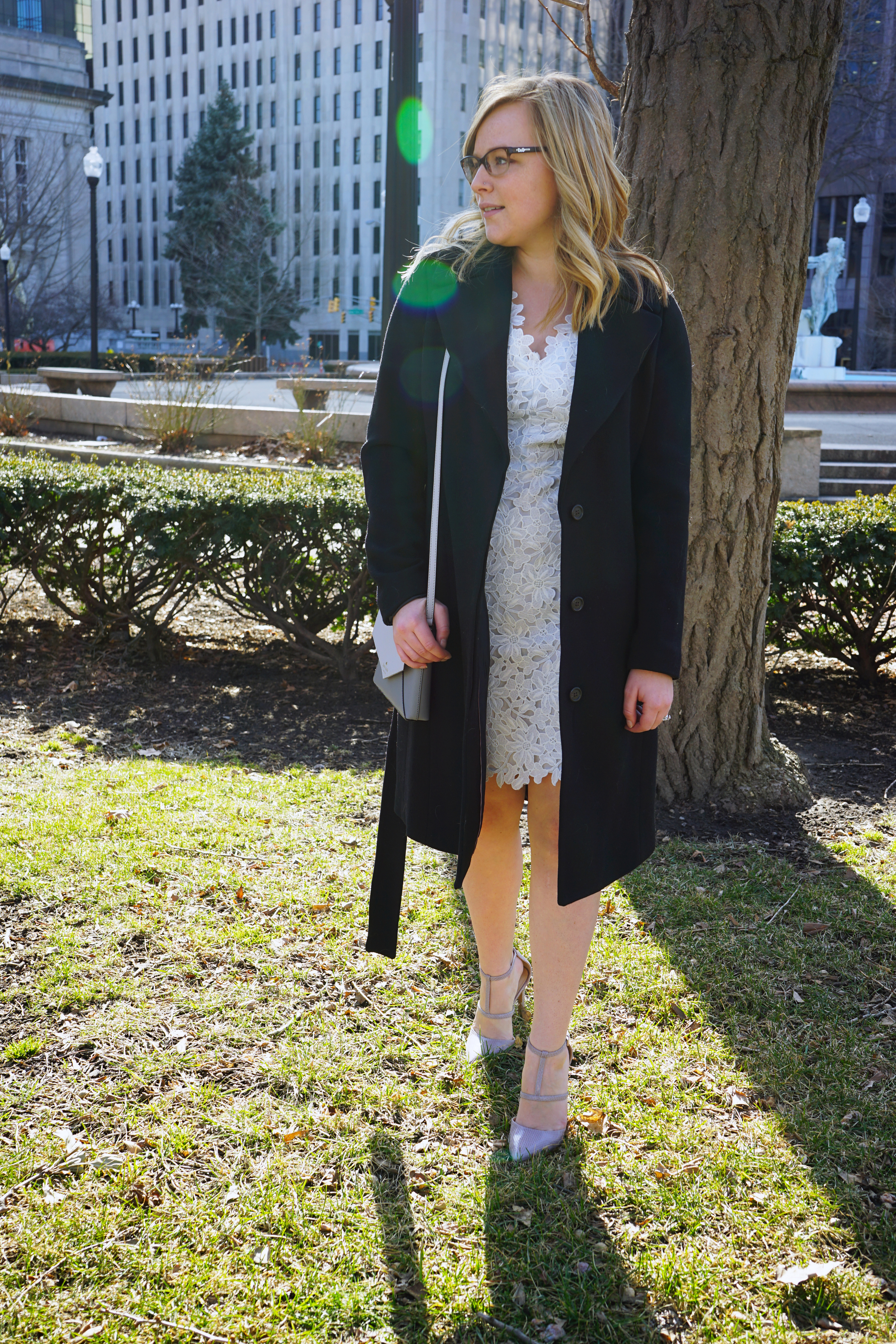 J Crew double-cloth belted trench coat, LOFT floral lace dress, Nine West torynaydo pointy toe pumps, Kate Spade cedar street large monday crossbody bag purse - Maggie a la Mode