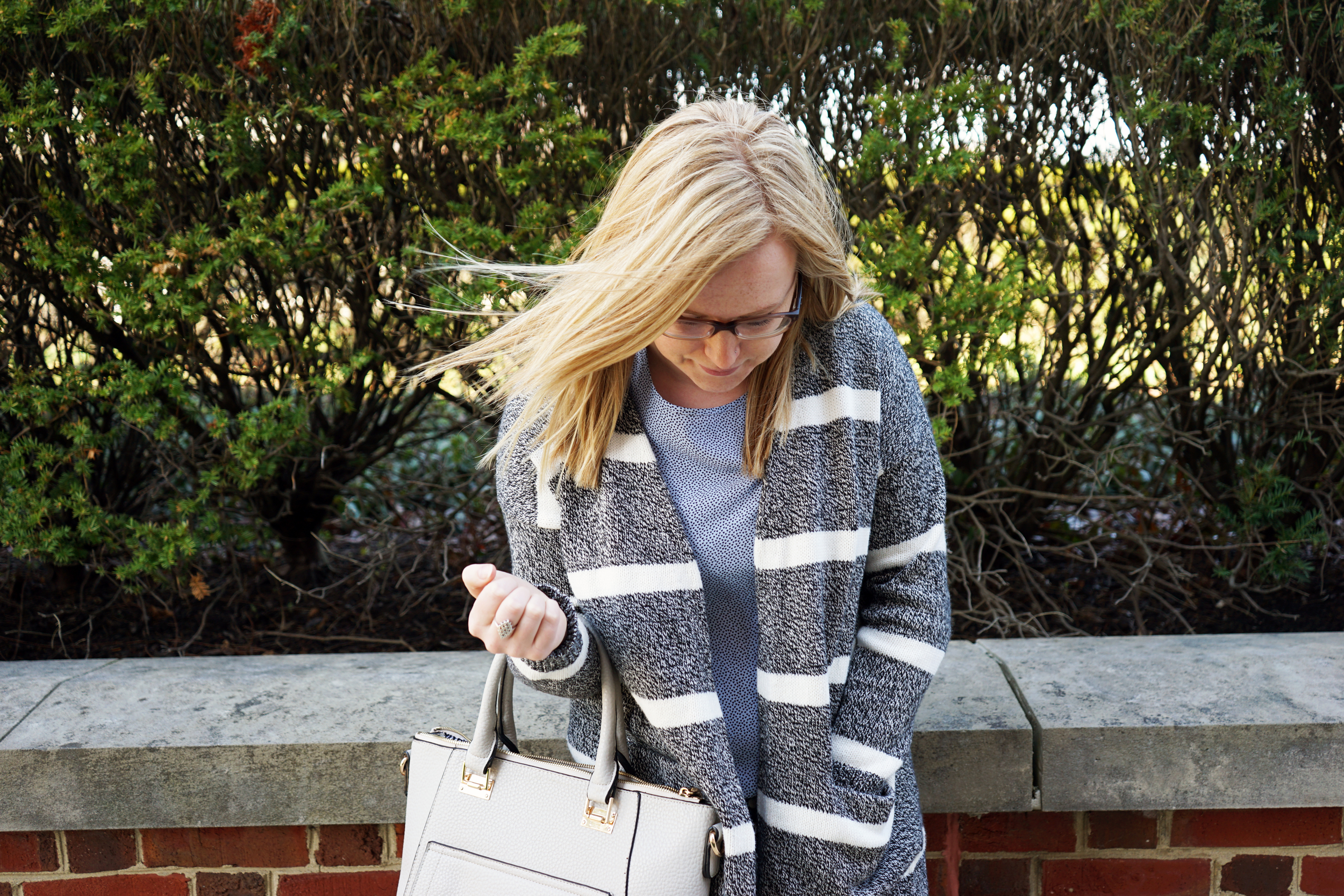 Madewell Striped open cardigan sweater, Ann Taylor dotted fluid tee, Mother denim The Pixie skinny jeans, Via Spiga Nalo wedges, Urban Expressions Gia satchel purse - Maggie a la Mode