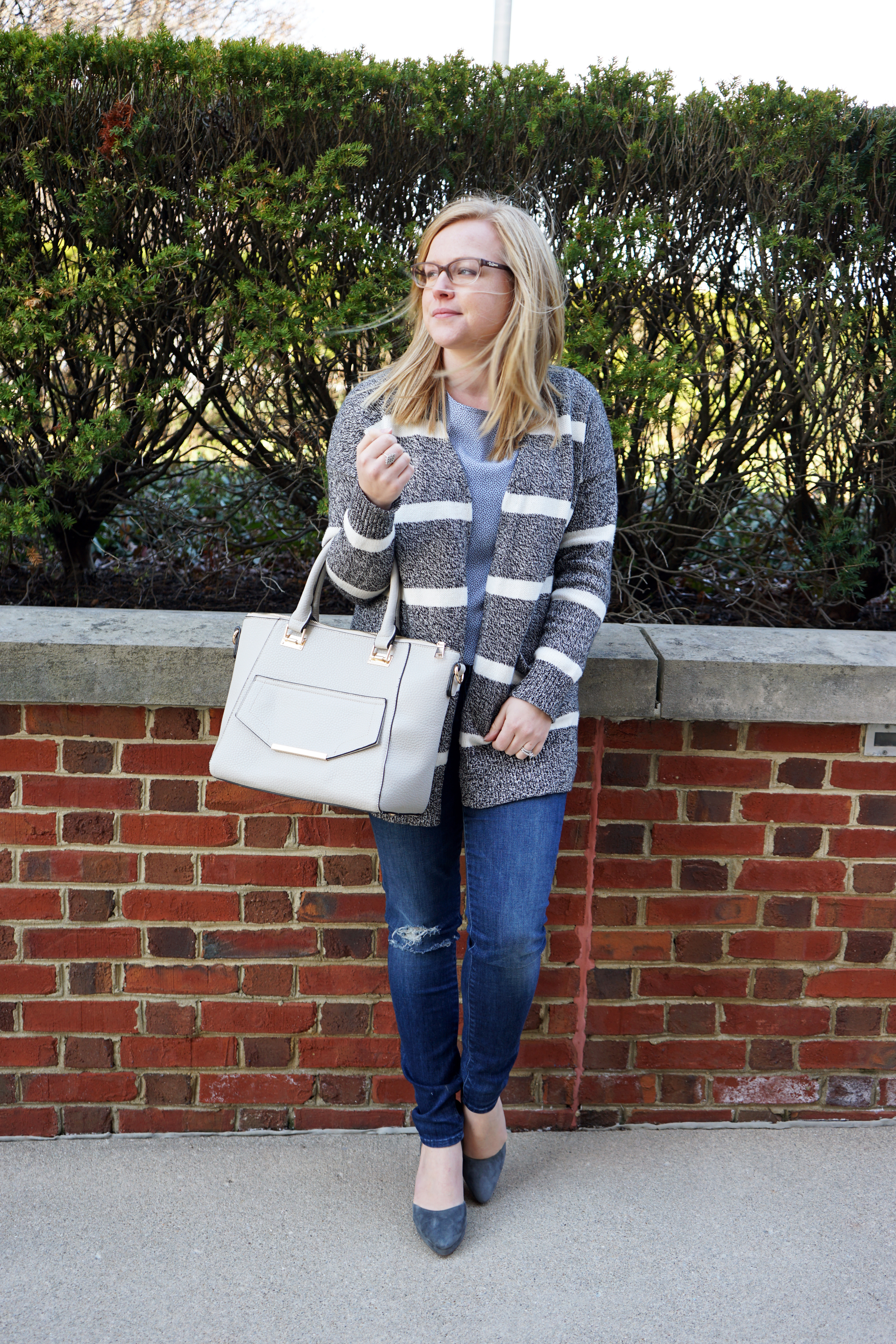 Madewell Striped open cardigan sweater, Ann Taylor dotted fluid tee, Mother denim The Pixie skinny jeans, Via Spiga Nalo wedges, Urban Expressions Gia satchel purse - Maggie a la Mode