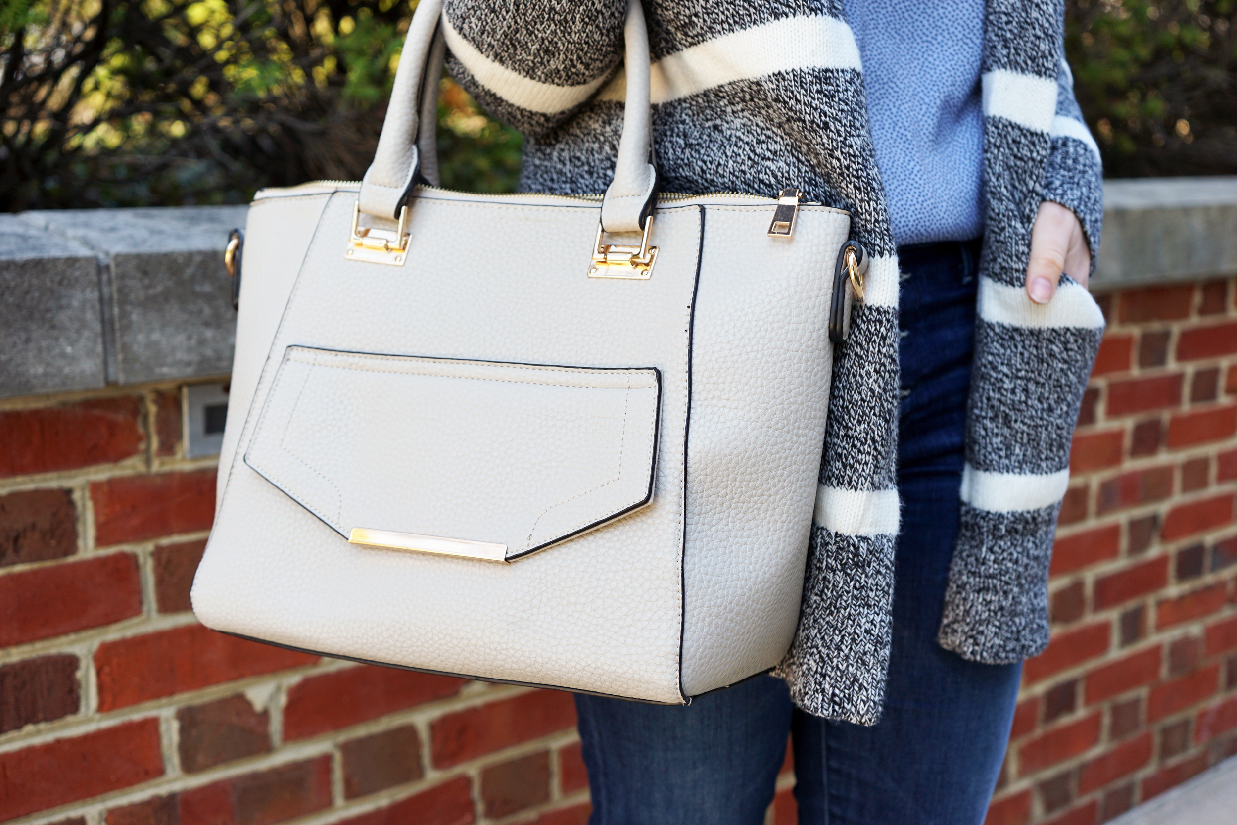 Madewell Striped open cardigan sweater, Ann Taylor dotted fluid tee, Mother denim The Pixie skinny jeans, Via Spiga Nalo wedges, Urban Expressions Gia satchel purse - Maggie a la Mode