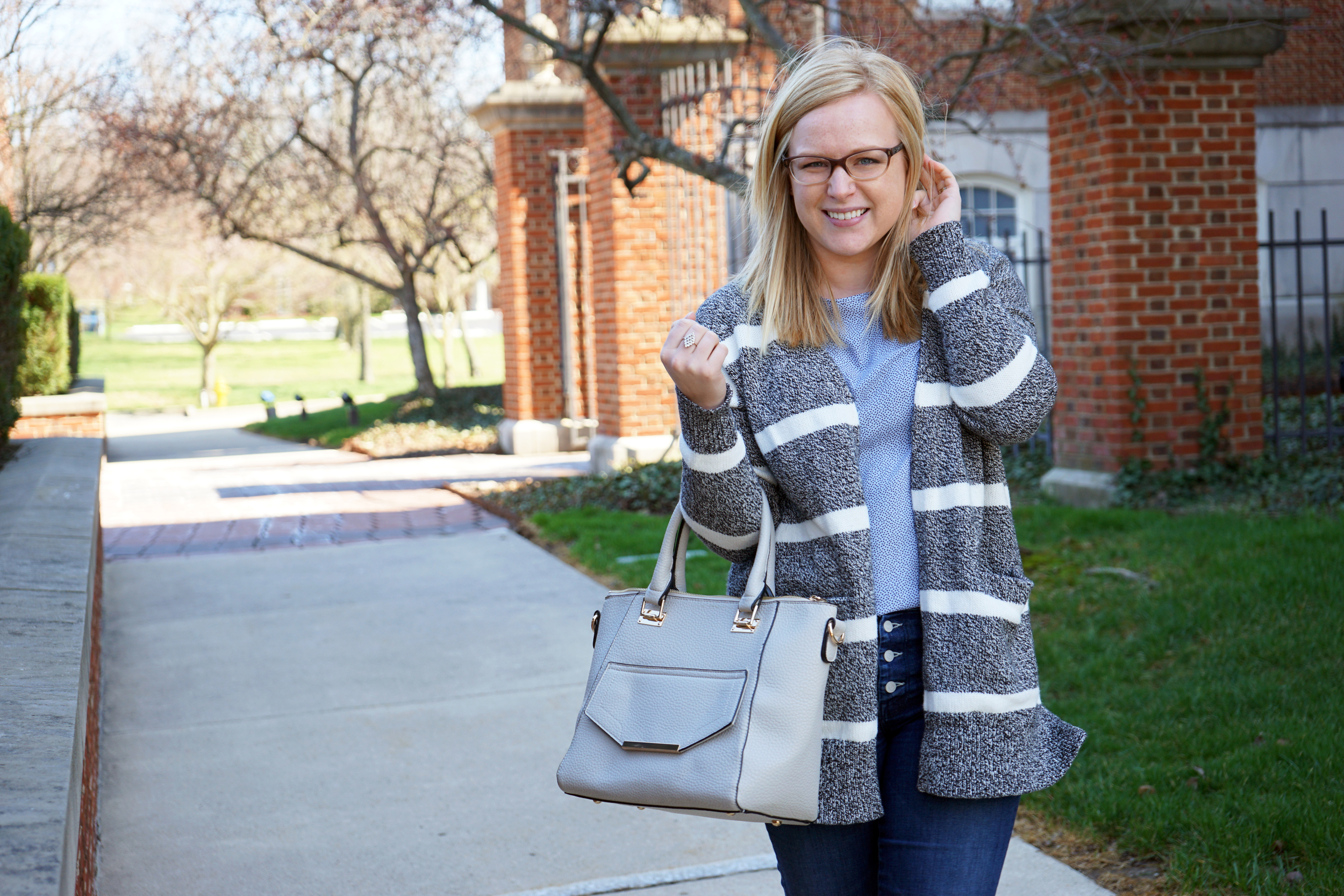 Madewell Striped open cardigan sweater, Ann Taylor dotted fluid tee, Mother denim The Pixie skinny jeans, Via Spiga Nalo wedges, Urban Expressions Gia satchel purse - Maggie a la Mode