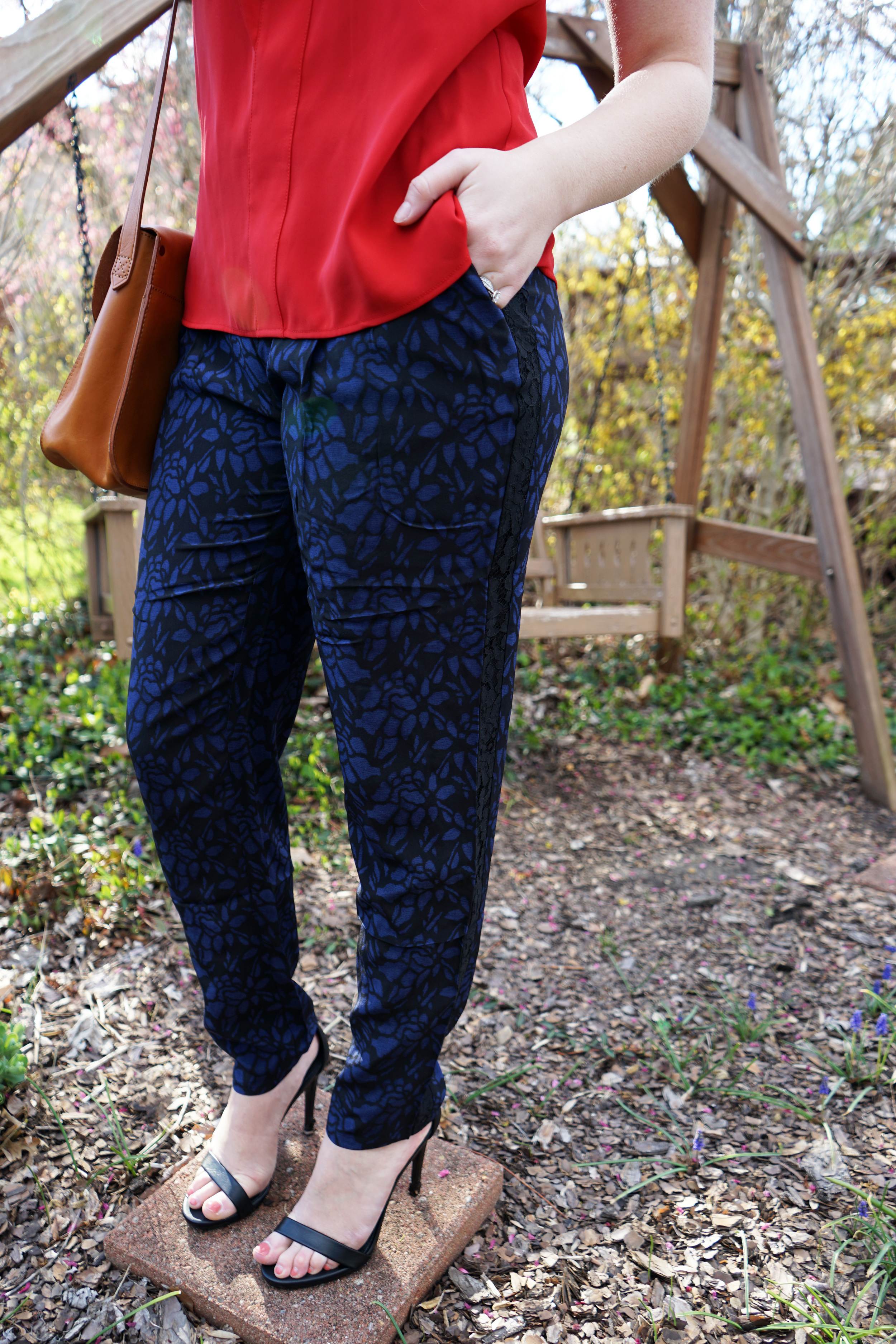 Joie Zelie Silk Pant Caviar, Zara ruffle blouse top, Steve Madden Stecy sandal, Nadri Starry Night multi hoop earrings, Madewell the watertower messanger crossbody purse - Maggie a la Mode