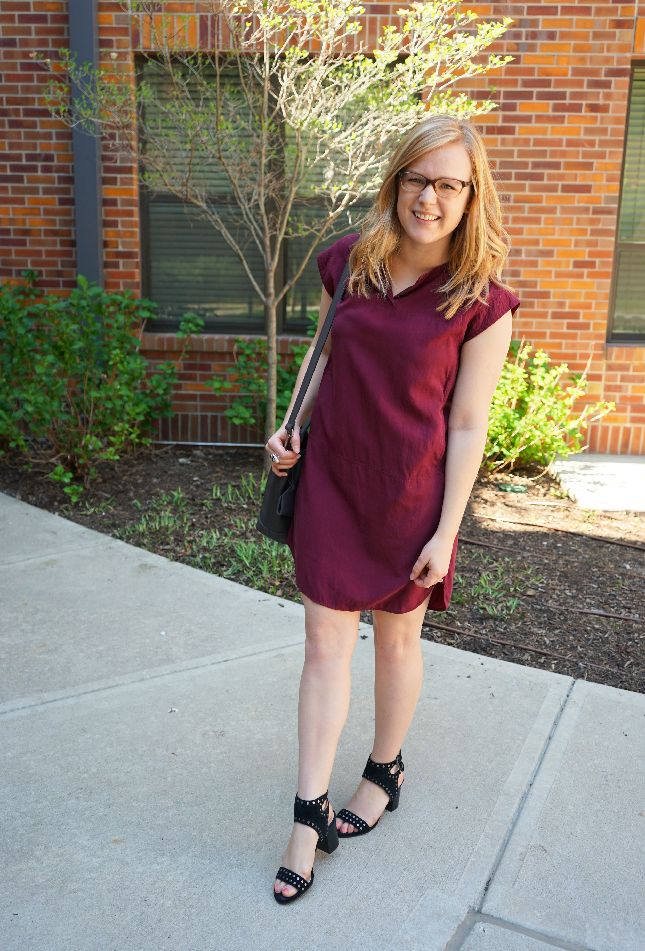 Ann Taylor Loft Cap sleeve shirtdress, Nine West Gailon studded sandals, Madewell lafayette bucket bag small mini - Maggie a la Mode