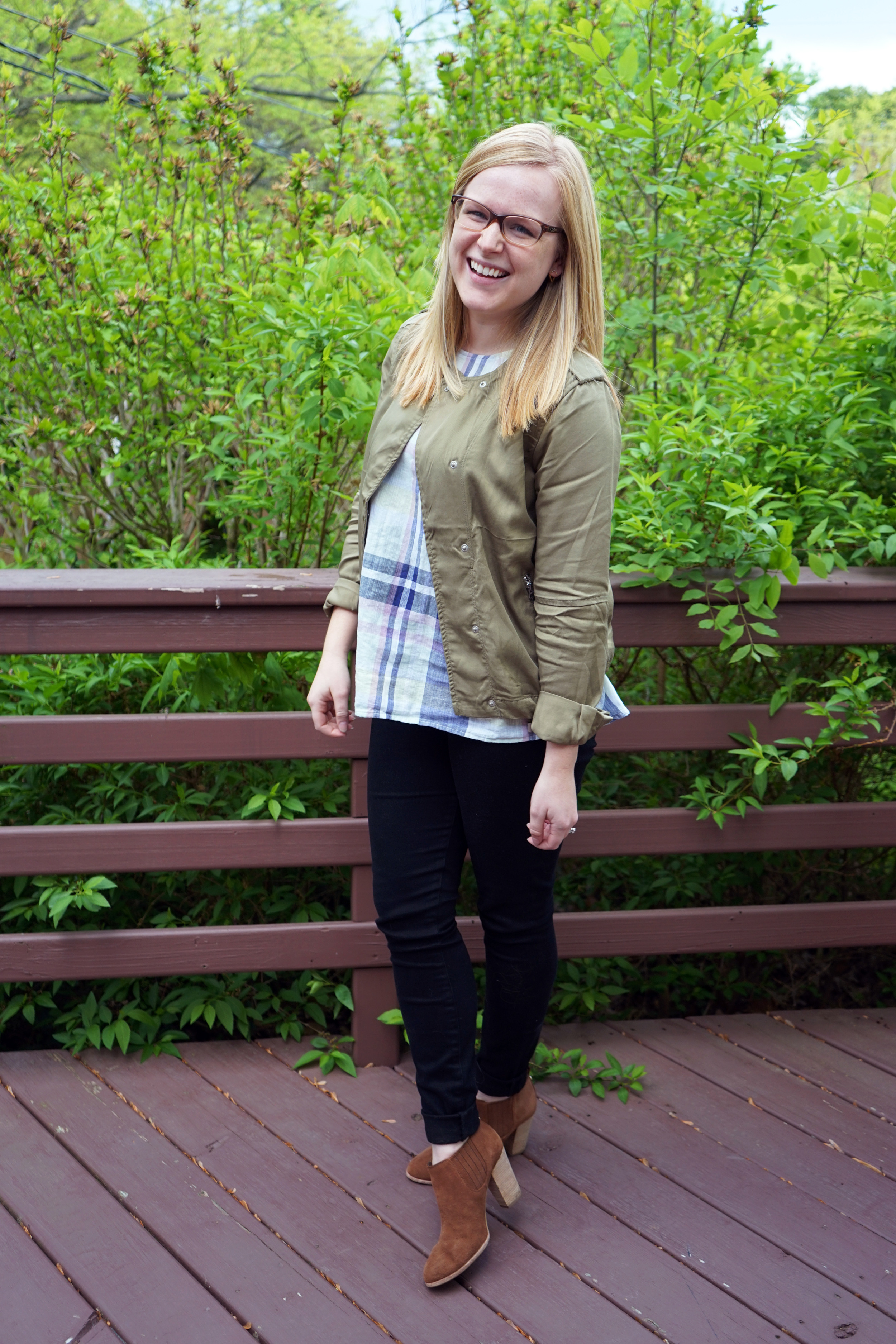 Old Navy button-back plaid trapeze tank, Gap collarless tencel jacket temporal olive, Michael Michael Kors Shaw bootie, Citizens of Humanity Rocket High-Rise jeans - Maggie a la Mode