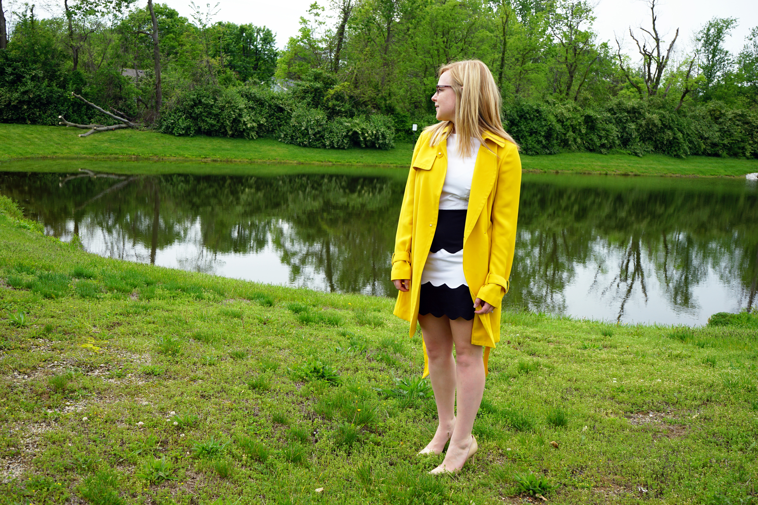 eShakti Scallop Tiers Poplin Sheath Dress, Ann Taylor yellow trench coat, Manolo Blahnik Taylor Patent Pointed D'Orsay Heels Pumps, BaubleBar Garbo drops - Maggie a la Mode