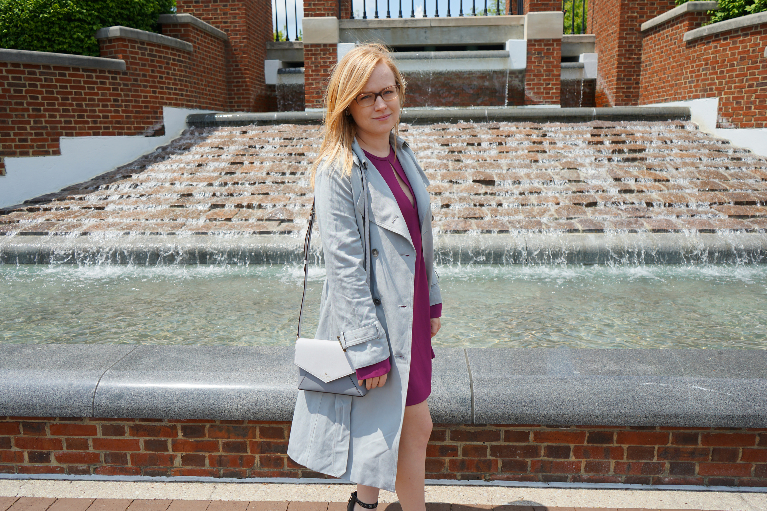 Elizabeth and James Brianna dress, Ann Taylor LOFT drapey trench, BCBGmaxazria Parry sandal heel, Kate spade cedar street large monday crossbody, BaubleBar crystal flurry studs - Maggie a la Mode