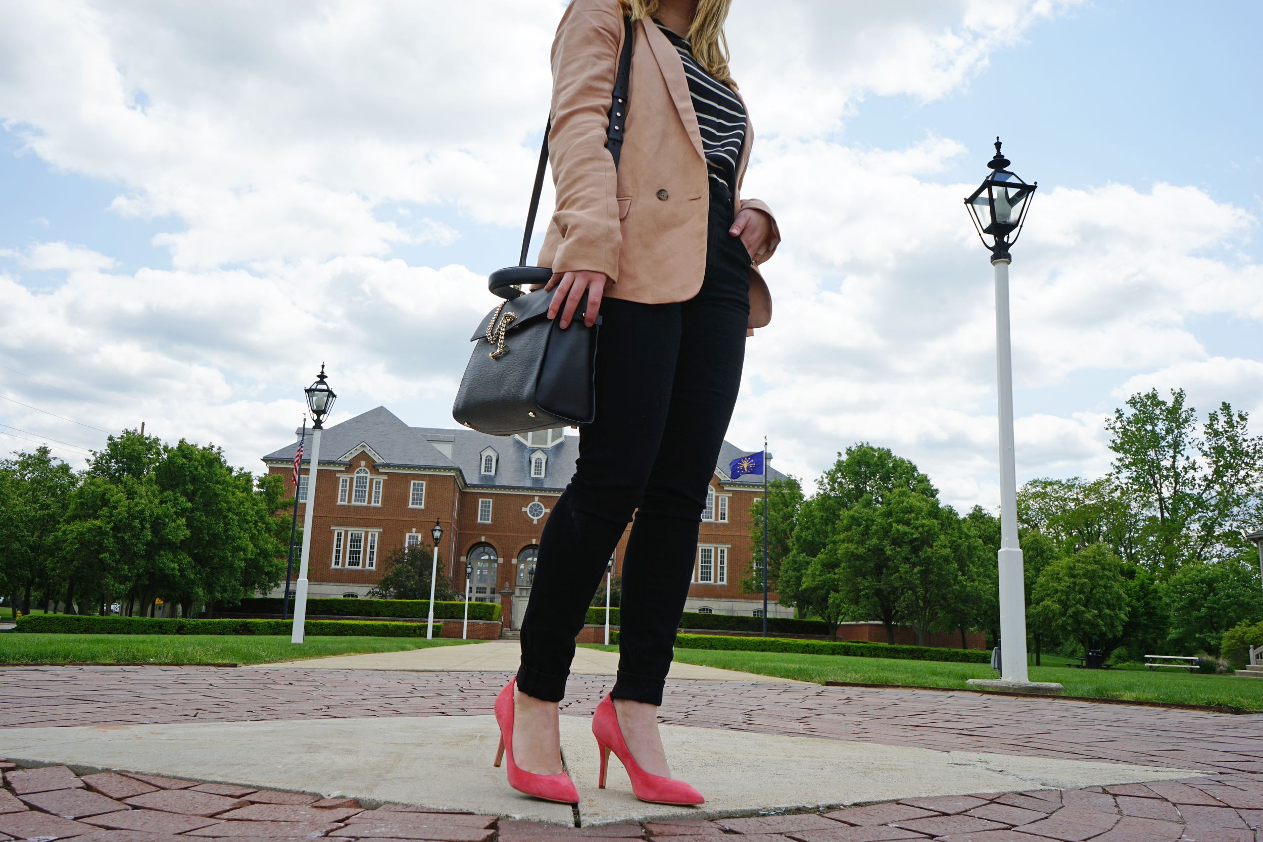 Ann Taylor Linen Blend Blazer, Madewell silk striped tailored tee, Citizens of Humanity Rocket High Rise Skinny Jeans Blackbird, Sam Edelman Dea heel pump, Luana Italy paley satchel - Maggie a la Mode