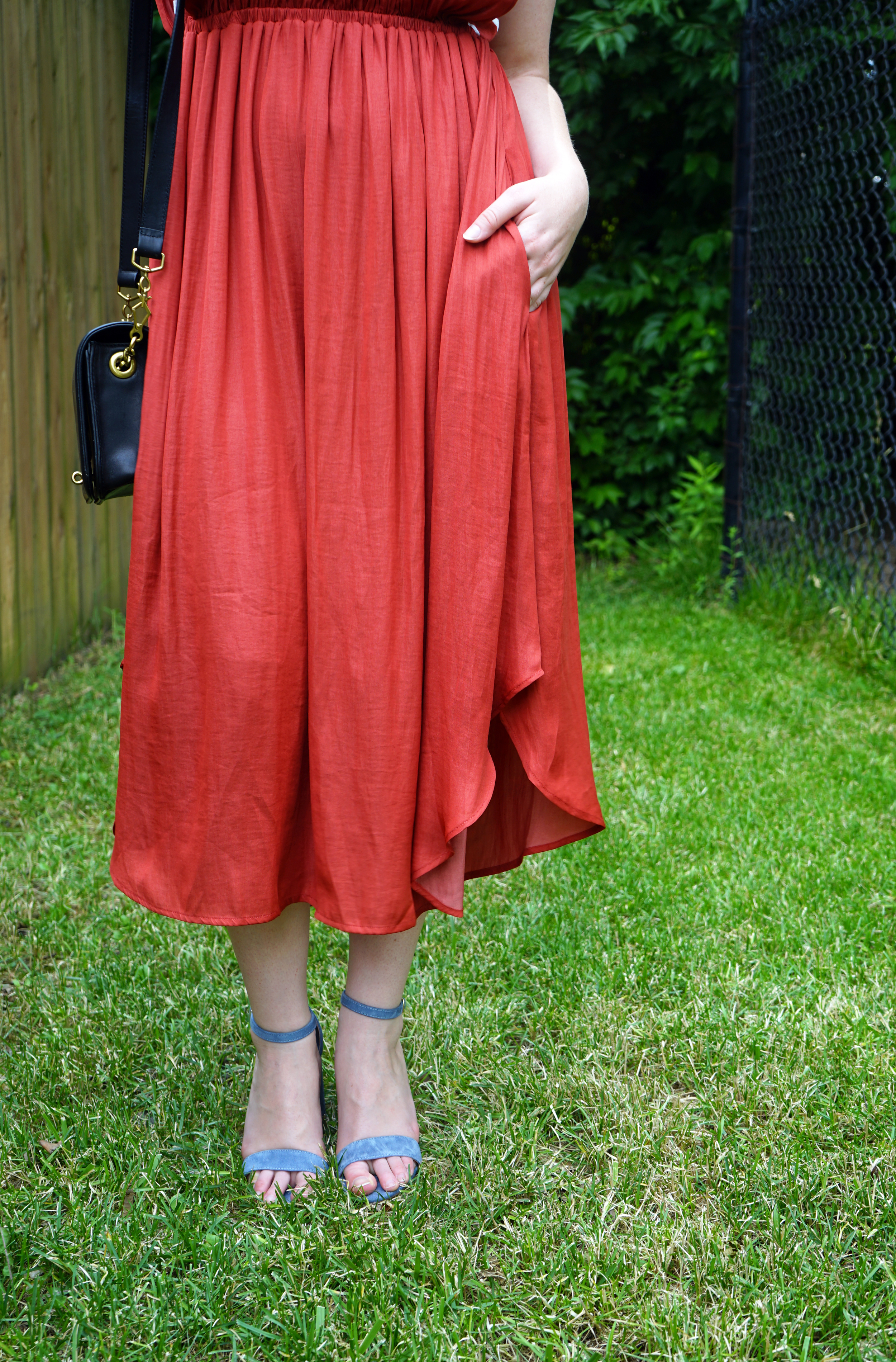 Anthropologie Dolan Left Coast Costa Midi Dress, Steve Madden Carrson Sandals Heels, J Crew crossbody purse - Maggie a la Mode