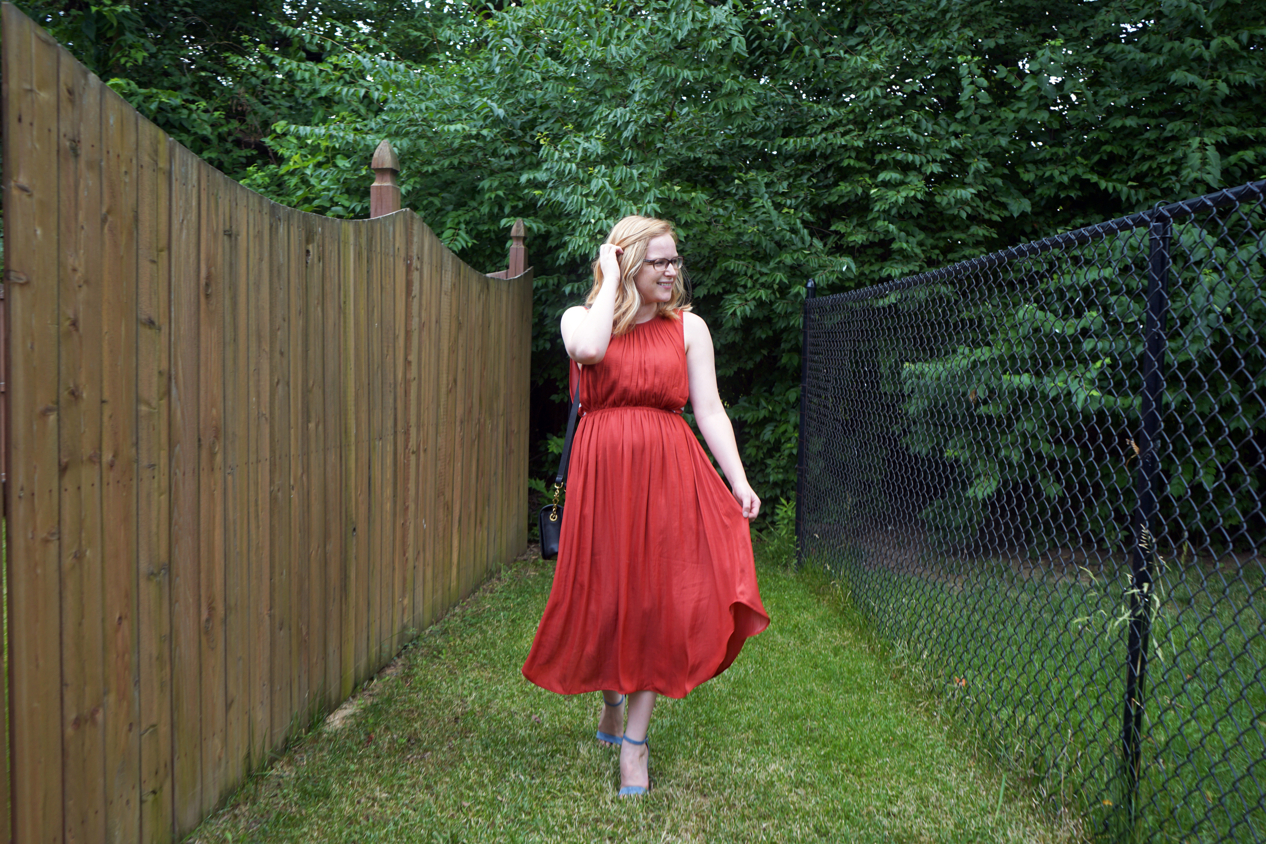 Anthropologie Dolan Left Coast Costa Midi Dress, Steve Madden Carrson Sandals Heels, J Crew crossbody purse - Maggie a la Mode