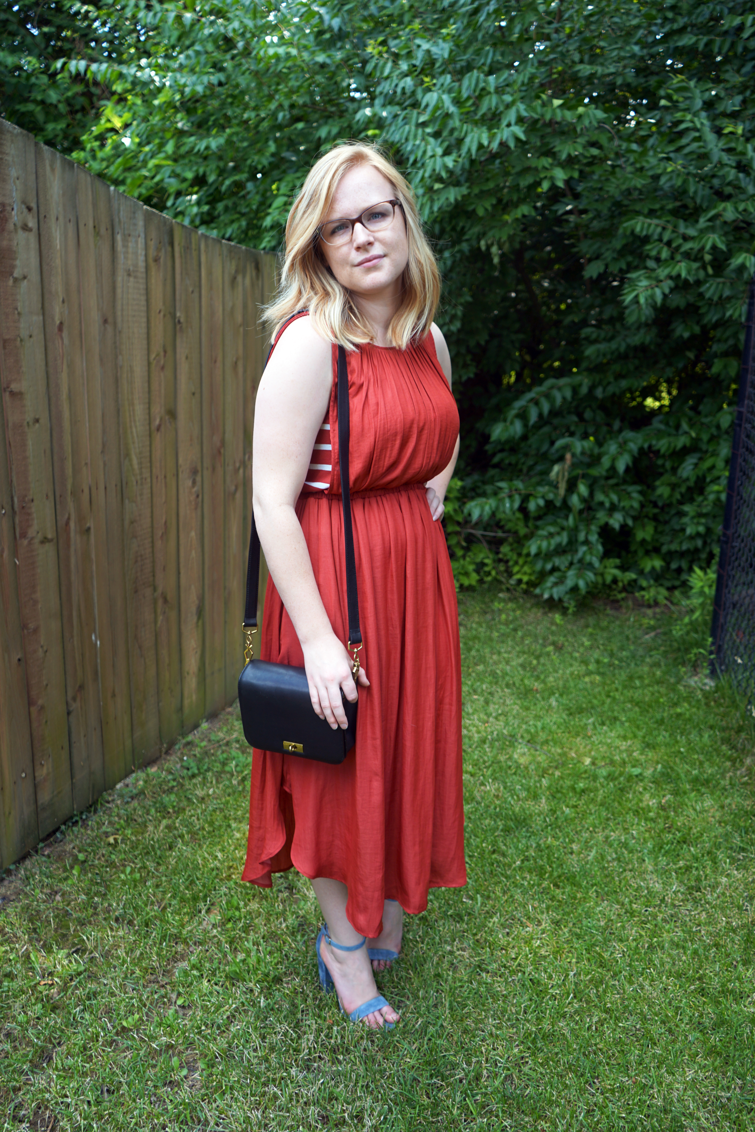 Anthropologie Dolan Left Coast Costa Midi Dress, Steve Madden Carrson Sandals Heels, J Crew crossbody purse - Maggie a la Mode