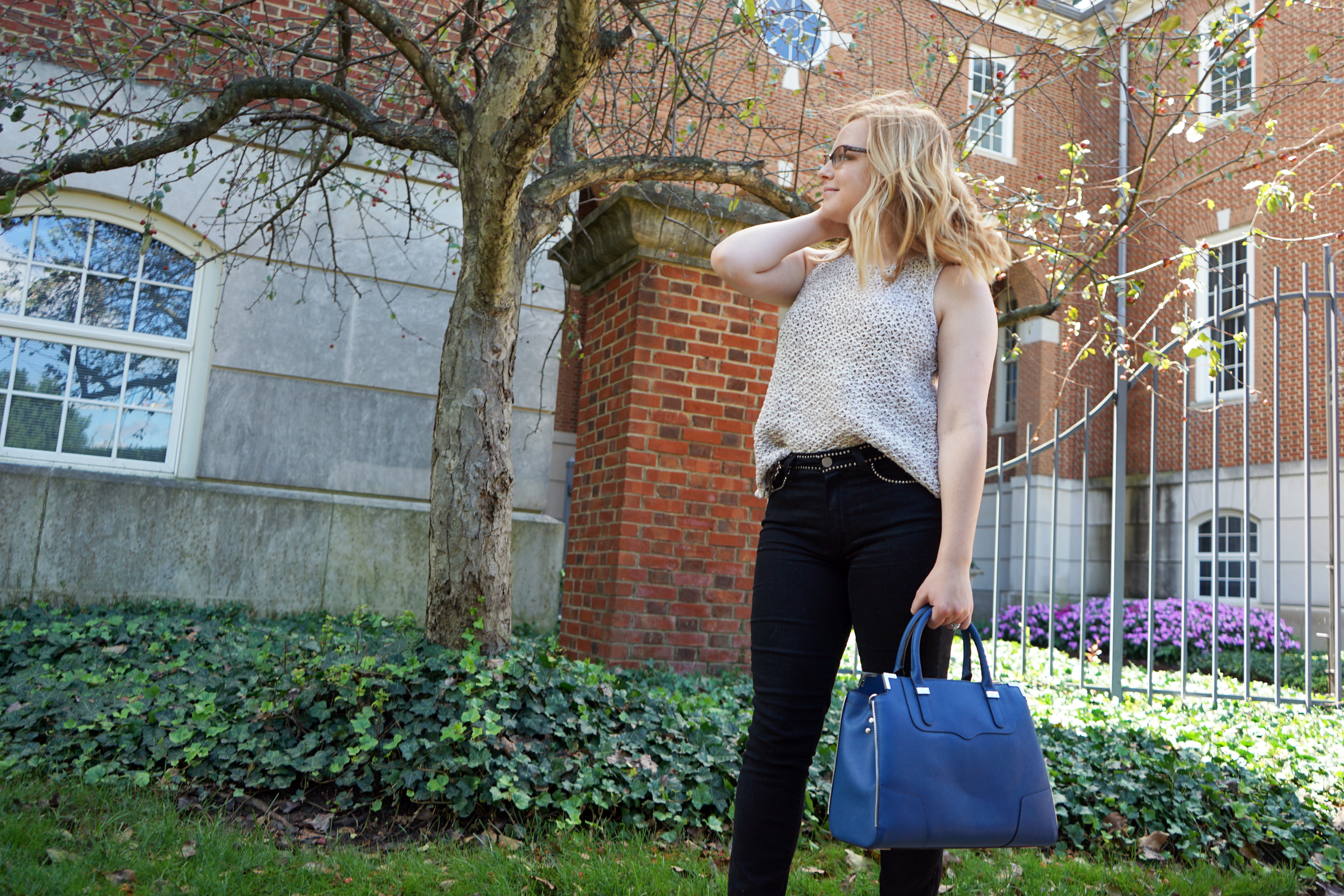 Paige Hoxton Imperial Noir studded jeans, LOFT crochet tank, Rebecca Minkoff amorous satchel, Steve Madden Carrson sandals heels - Maggie a la Mode Studded Jeans