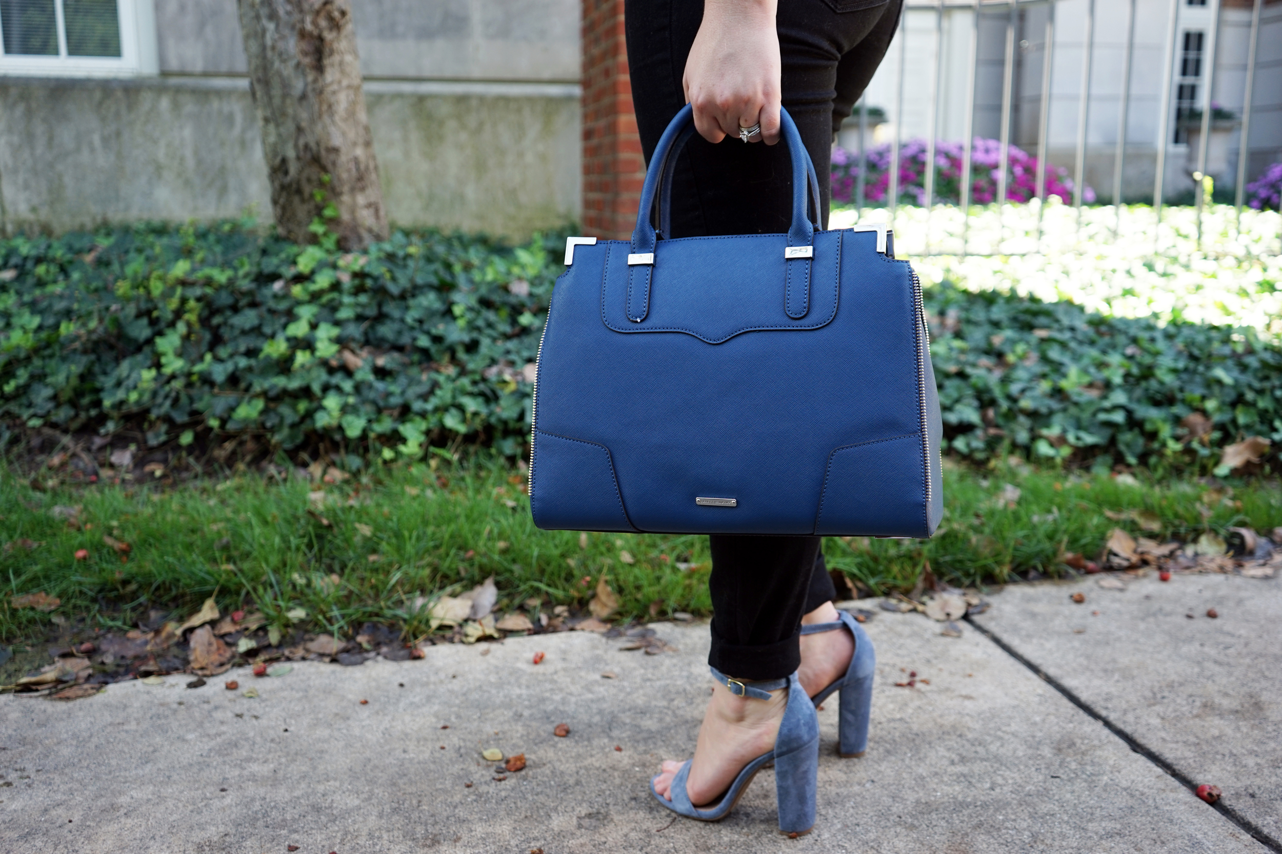 Paige Hoxton Imperial Noir studded jeans, LOFT crochet tank, Rebecca Minkoff amorous satchel, Steve Madden Carrson sandals heels - Maggie a la Mode Studded Jeans