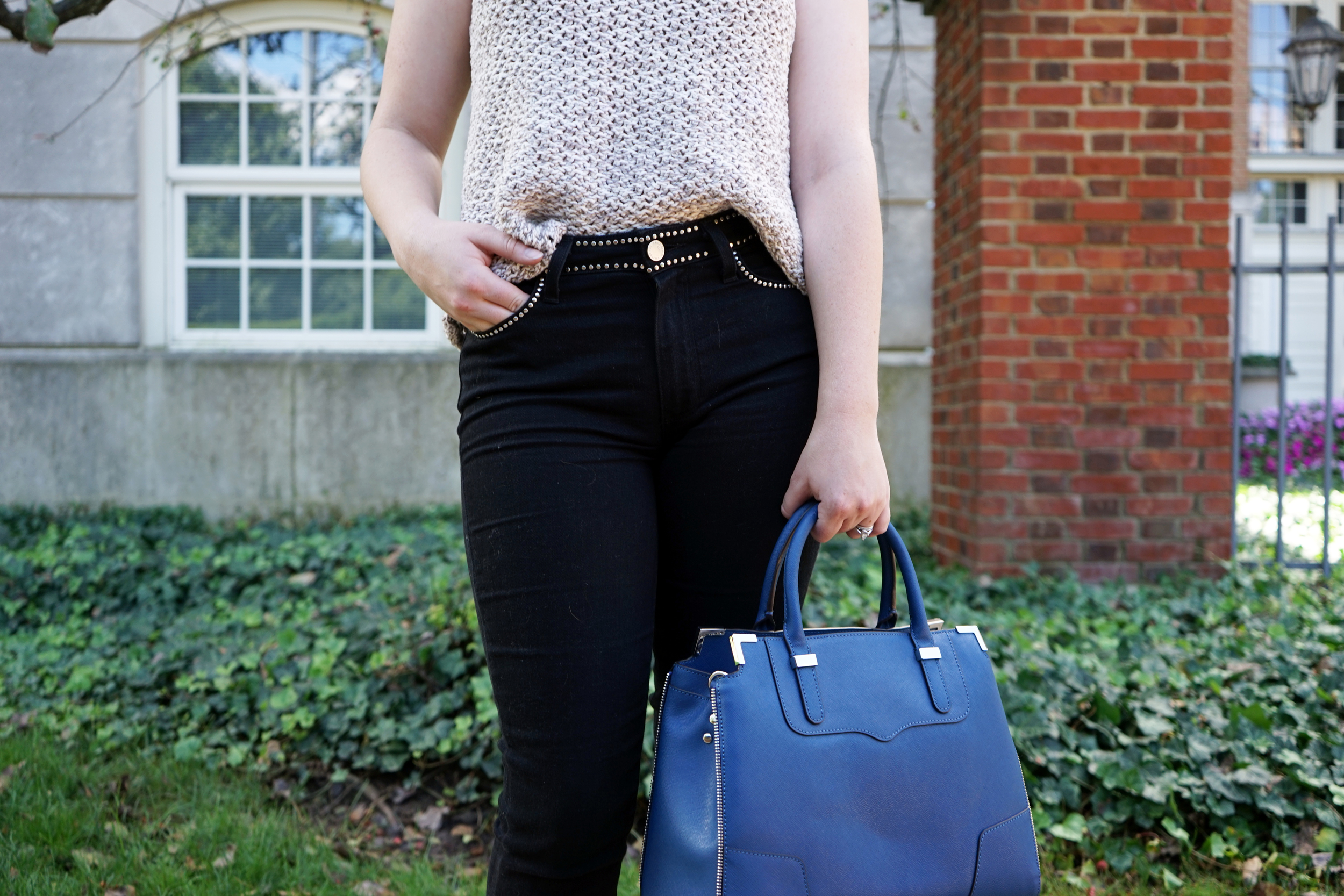 Paige Hoxton Imperial Noir studded jeans, LOFT crochet tank, Rebecca Minkoff amorous satchel, Steve Madden Carrson sandals heels - Maggie a la Mode Studded Jeans