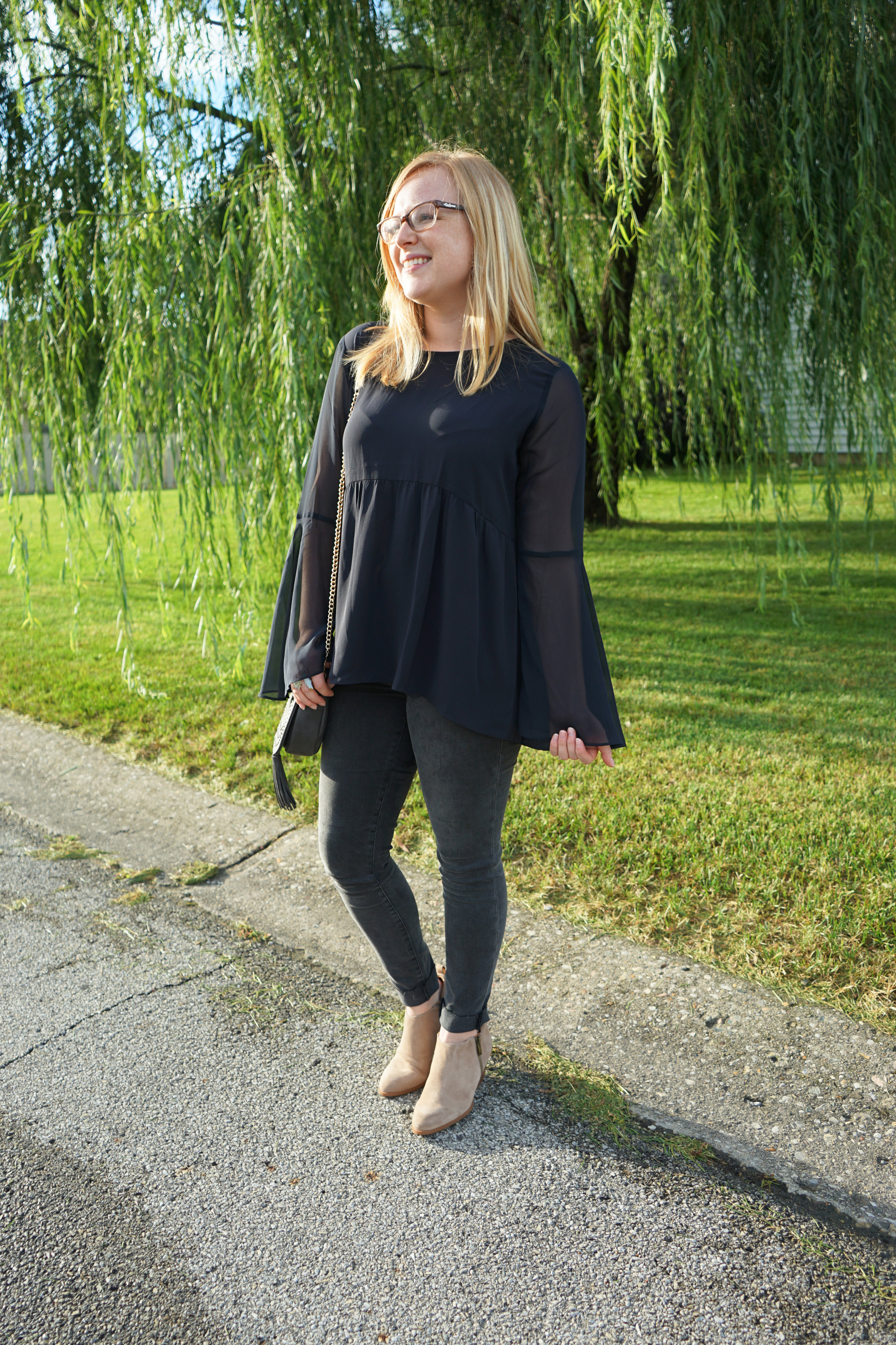 Ann Taylor LOFT Sheer Bell Sleeve blouse, FRAME denim Le Skinny de Jeanne Jeans muddy waters, Urban Expressions Jessa crossbody, Franco Sarto Granite bootie, UncommonGoods waterfall ring