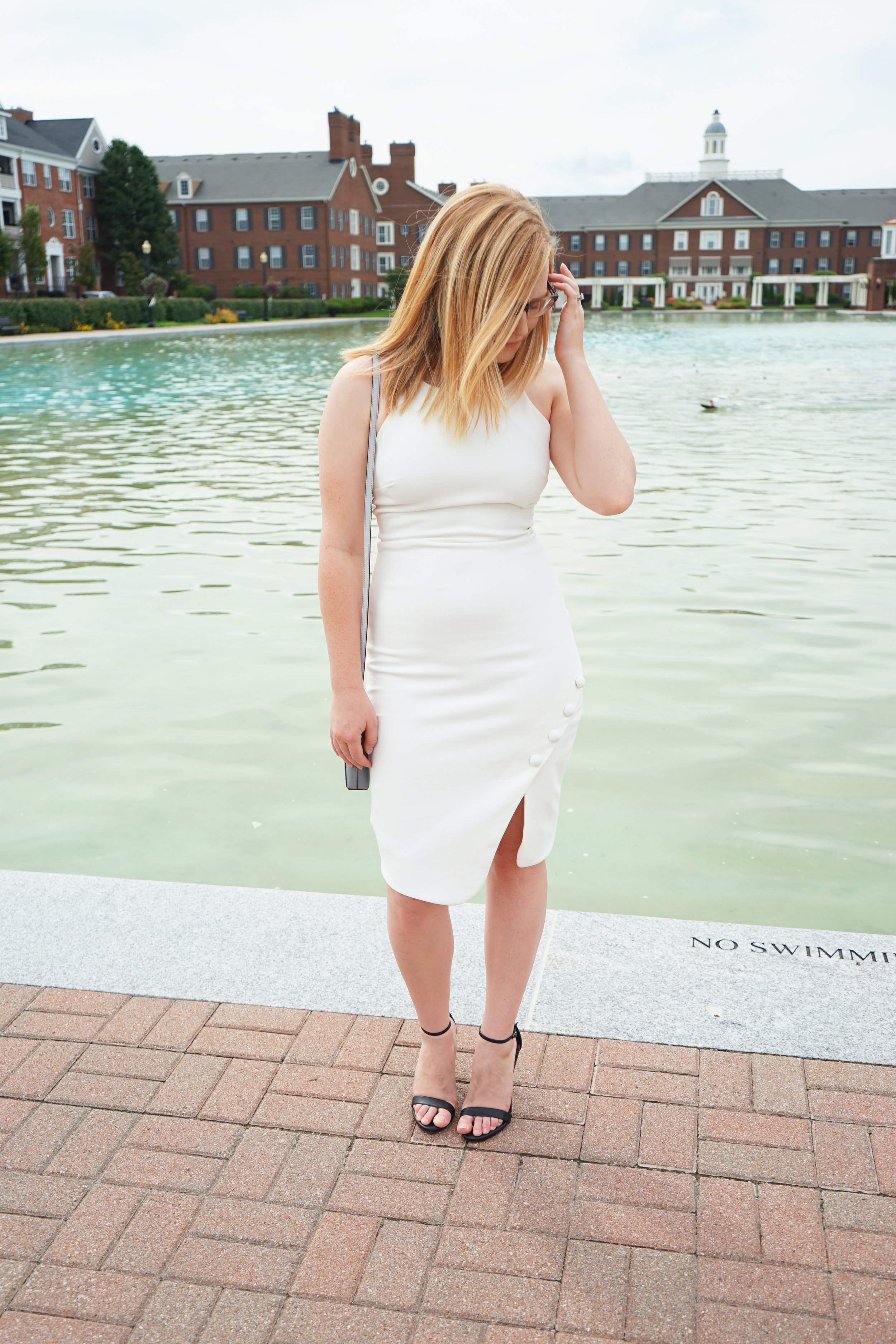 Elizabeth and James Sophia Dress, Club Monaco Martuska Soft Trench Coat, Steve Madden Stecy sandals, Kate Spade cedar street large monday crossbody - Maggie a la Mode