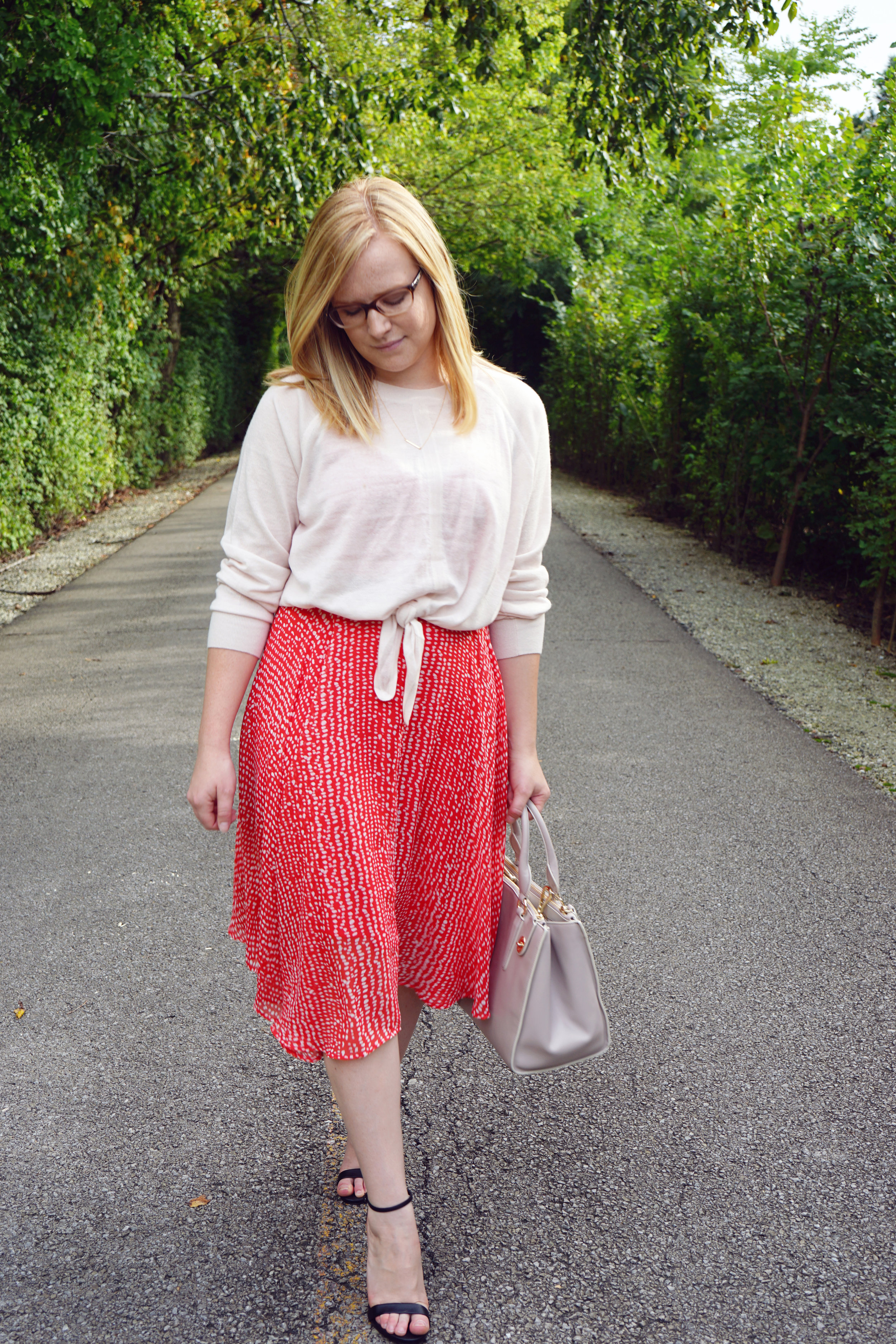 Leith Midi Swing Dress red barberry dot, Club Monaco Thanda cashmere sweater, Steve Madden Stecy sandals, Coach purse, Etsy necklace - Maggie a la Mode