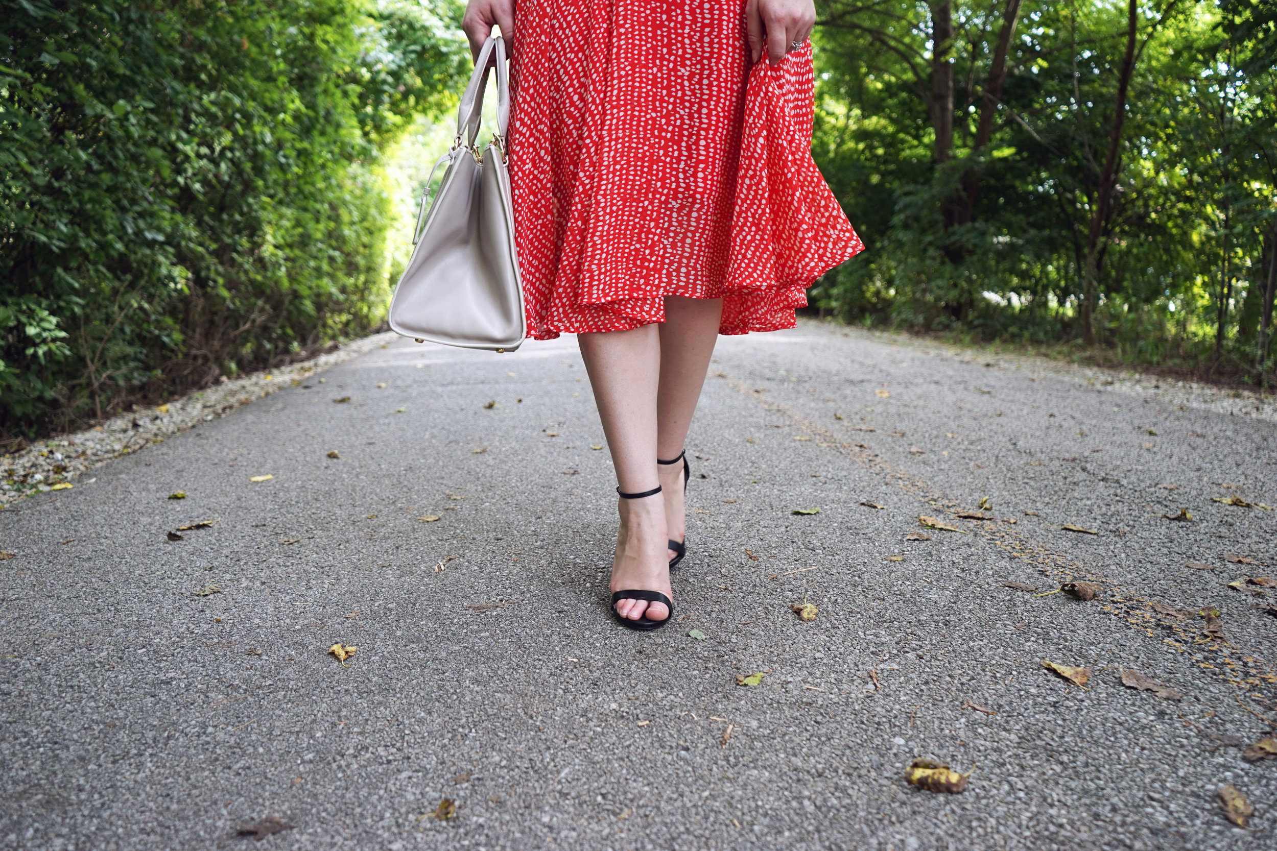 Leith Midi Swing Dress red barberry dot, Club Monaco Thanda cashmere sweater, Steve Madden Stecy sandals, Coach purse, Etsy necklace - Maggie a la Mode