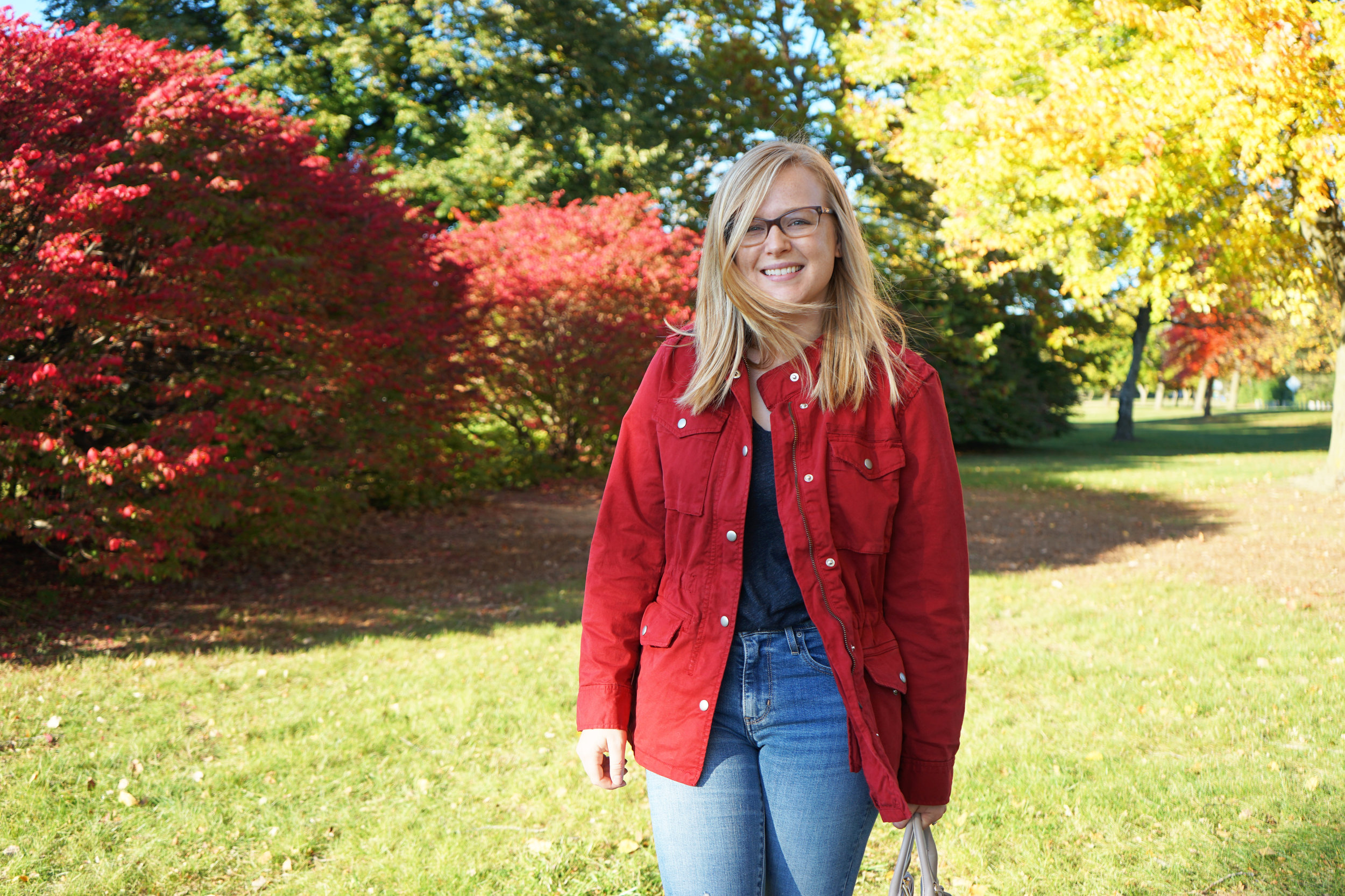 Gap classic utility jacket, Madewell whisper cotton v-neck tee, Levi's 721 High Rise distressed skinny jeans, Schutz Elise flats, Coach purse - Maggie a la Mode