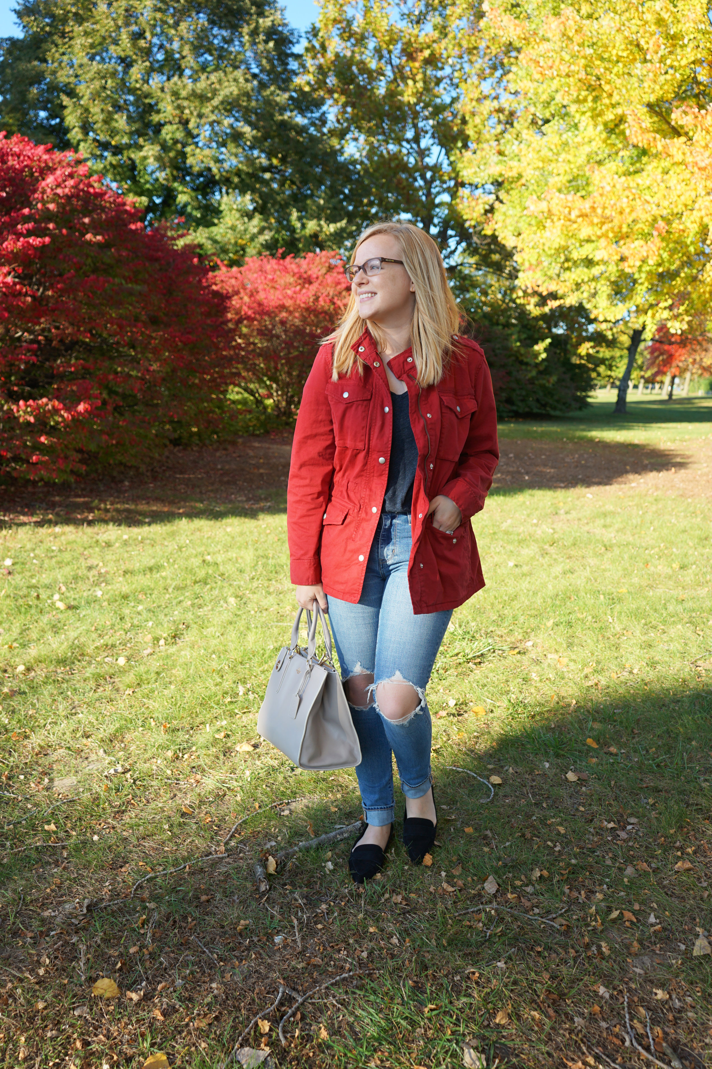 Gap classic utility jacket, Madewell whisper cotton v-neck tee, Levi's 721 High Rise distressed skinny jeans, Schutz Elise flats, Coach purse - Maggie a la Mode