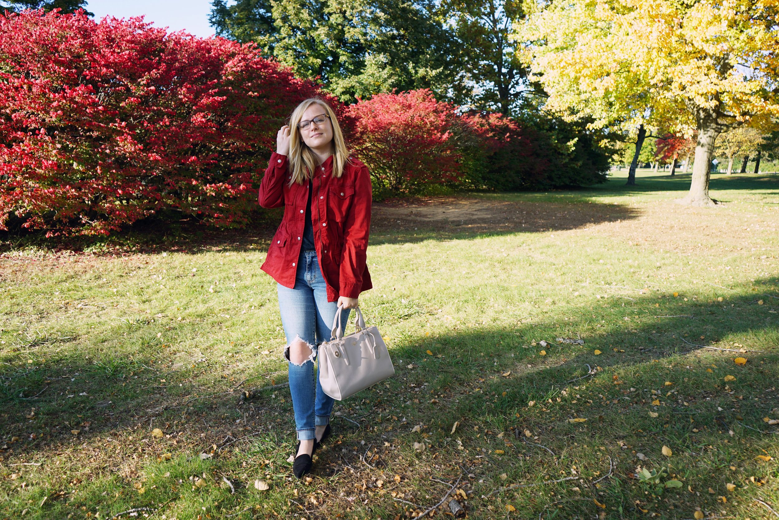 Gap classic utility jacket, Madewell whisper cotton v-neck tee, Levi's 721 High Rise distressed skinny jeans, Schutz Elise flats, Coach purse - Maggie a la Mode