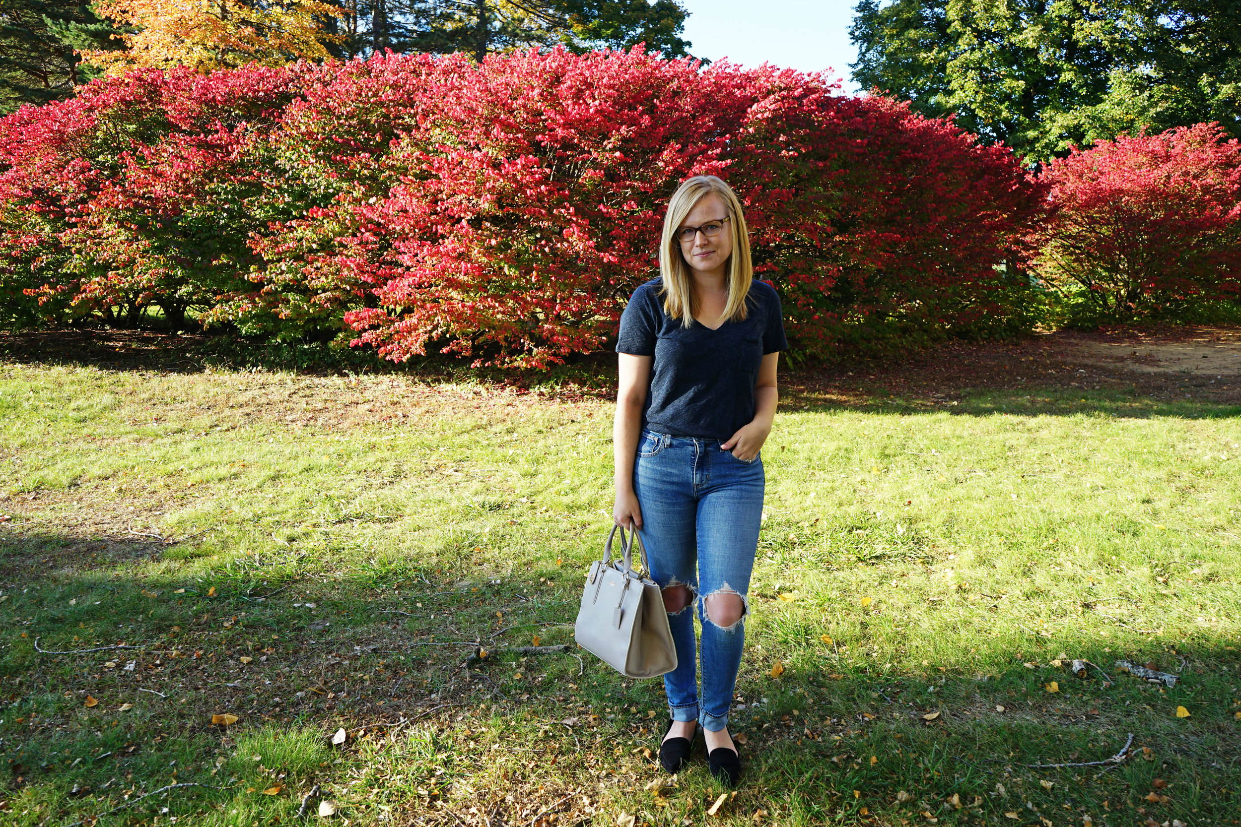 Gap classic utility jacket, Madewell whisper cotton v-neck tee, Levi's 721 High Rise distressed skinny jeans, Schutz Elise flats, Coach purse - Maggie a la Mode