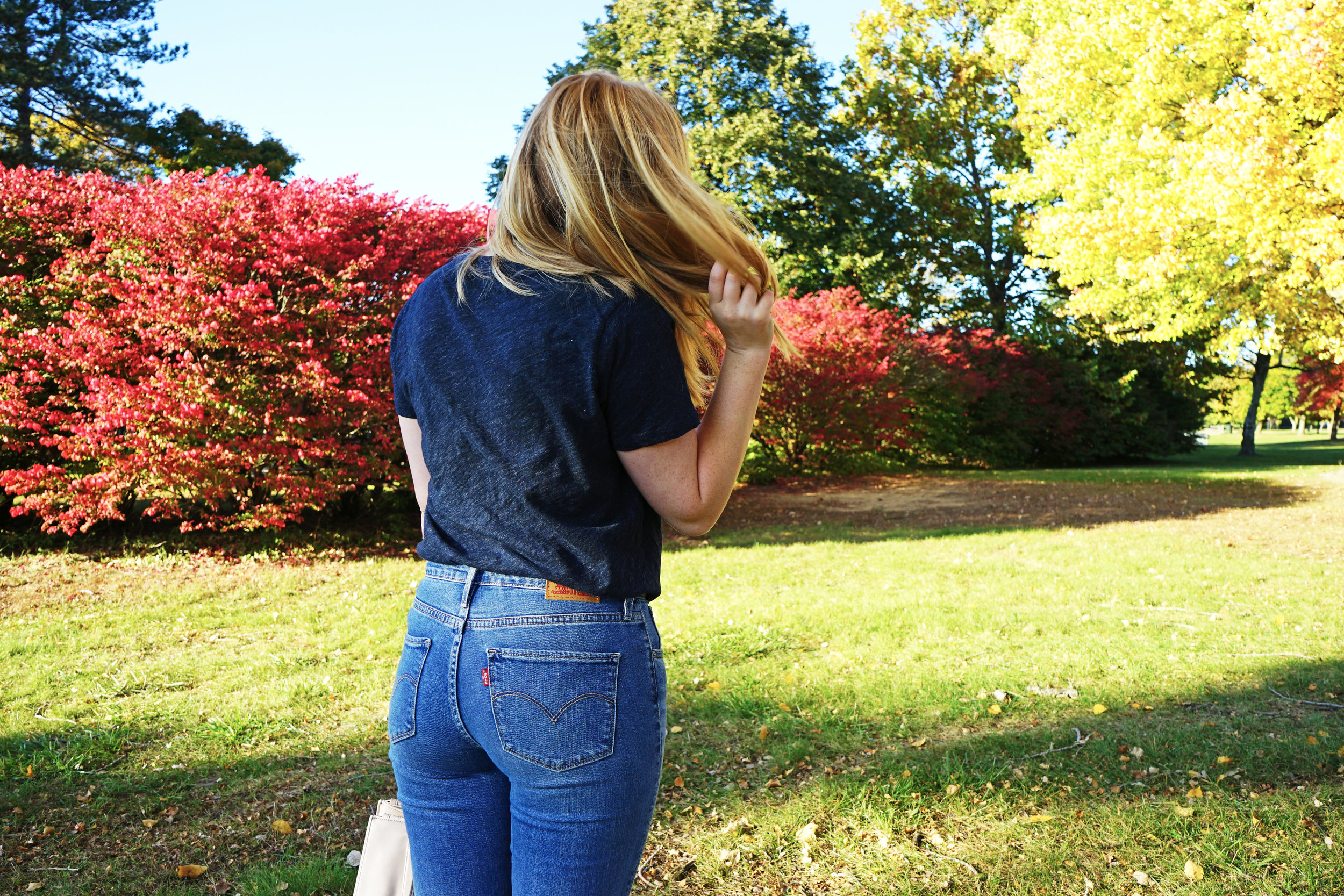 Gap classic utility jacket, Madewell whisper cotton v-neck tee, Levi's 721 High Rise distressed skinny jeans, Schutz Elise flats, Coach purse - Maggie a la Mode