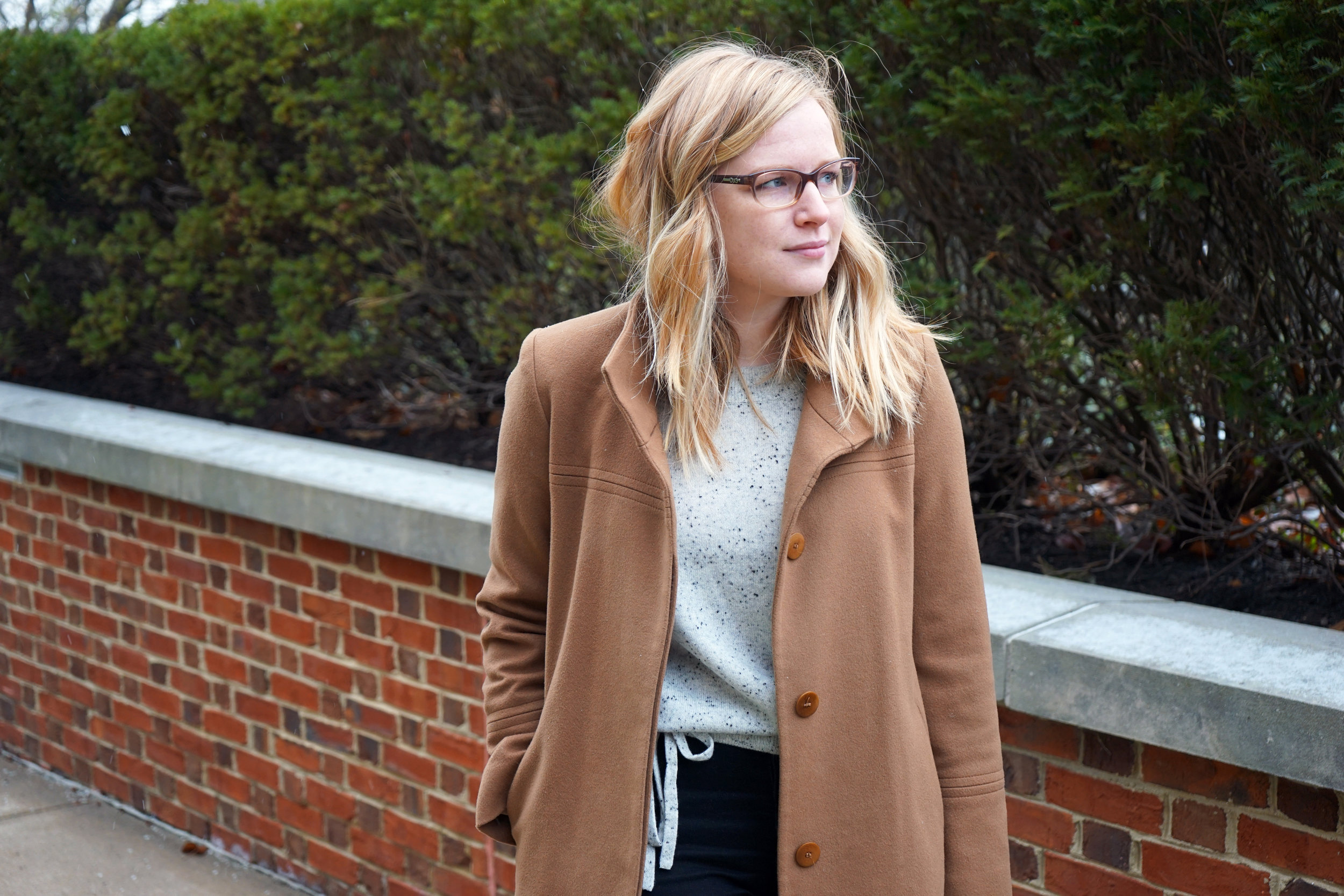 Maggie a la Mode - Madewell Cashmere Flare-Sleeve Crop Sweater Ash Donegal, AG Farrah Button Fly Skinny Jeans, Fleurette Wool Collar Car Coat Vicuna