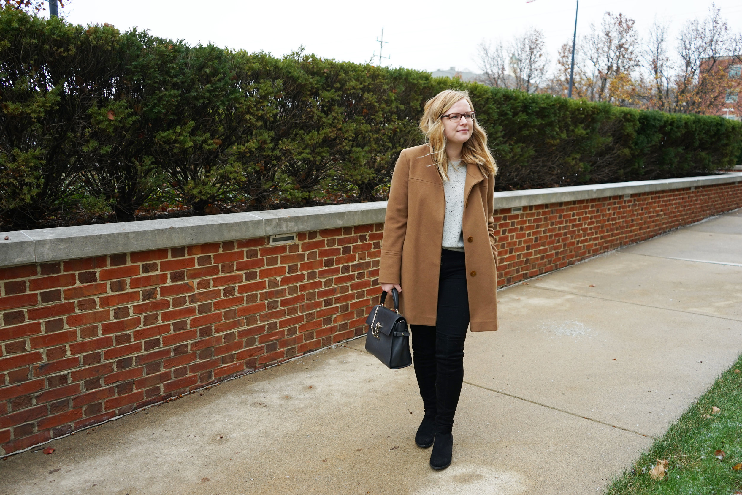 Maggie a la Mode - Madewell Cashmere Flare-Sleeve Crop Sweater, AG Farrah Button Fly Skinny Jeans, Forever 21 Over the Knee Boots, Fleurette Wool Collar Car Coat Vicuna, Luana Italy Paley Satchel