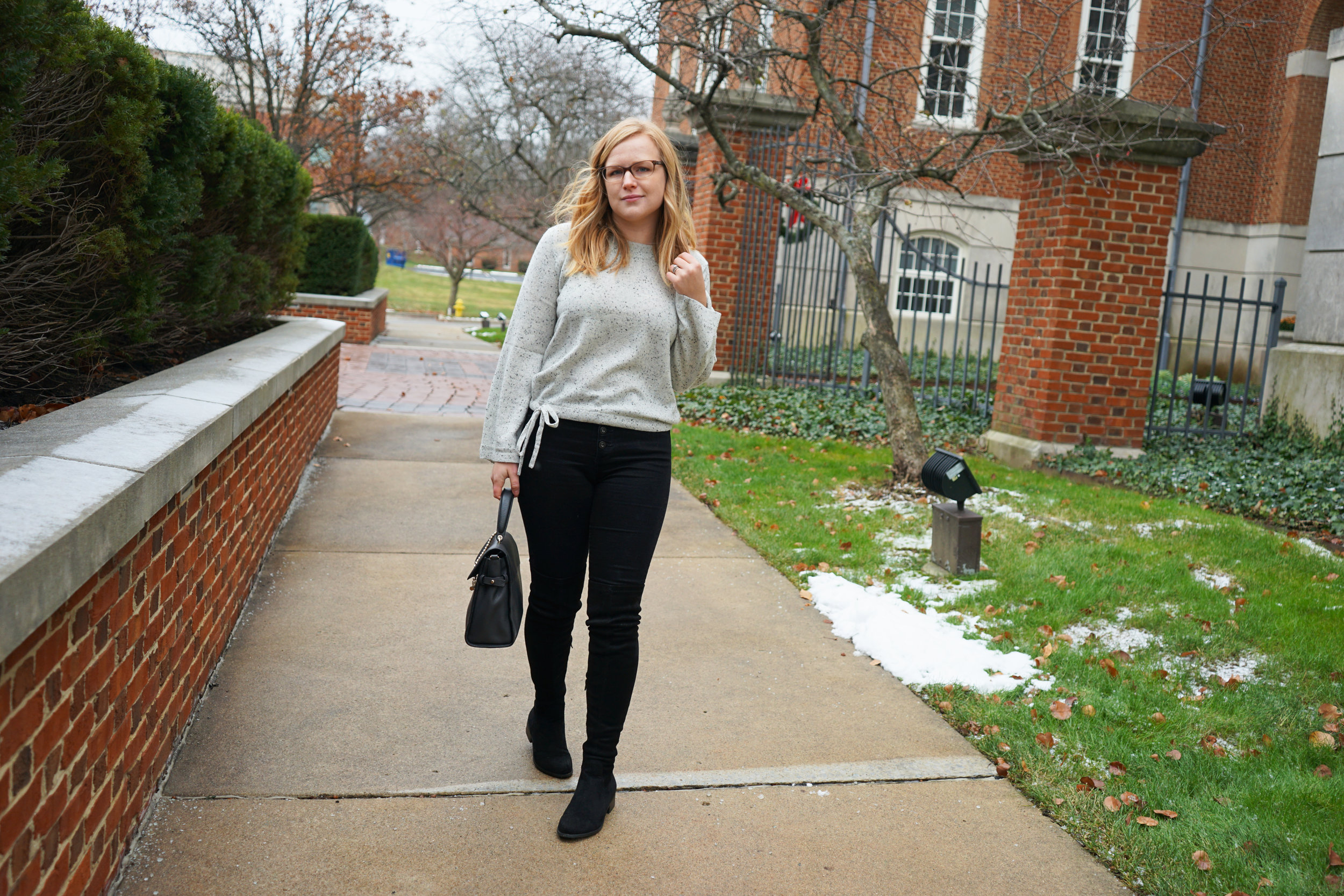 Maggie a la Mode - Madewell Cashmere Flare-Sleeve Crop Sweater Ash Donegal, AG Farrah Button Fly Skinny Jeans, Forever 21 Over the Knee Boots, Luana Italy Paley Satchel