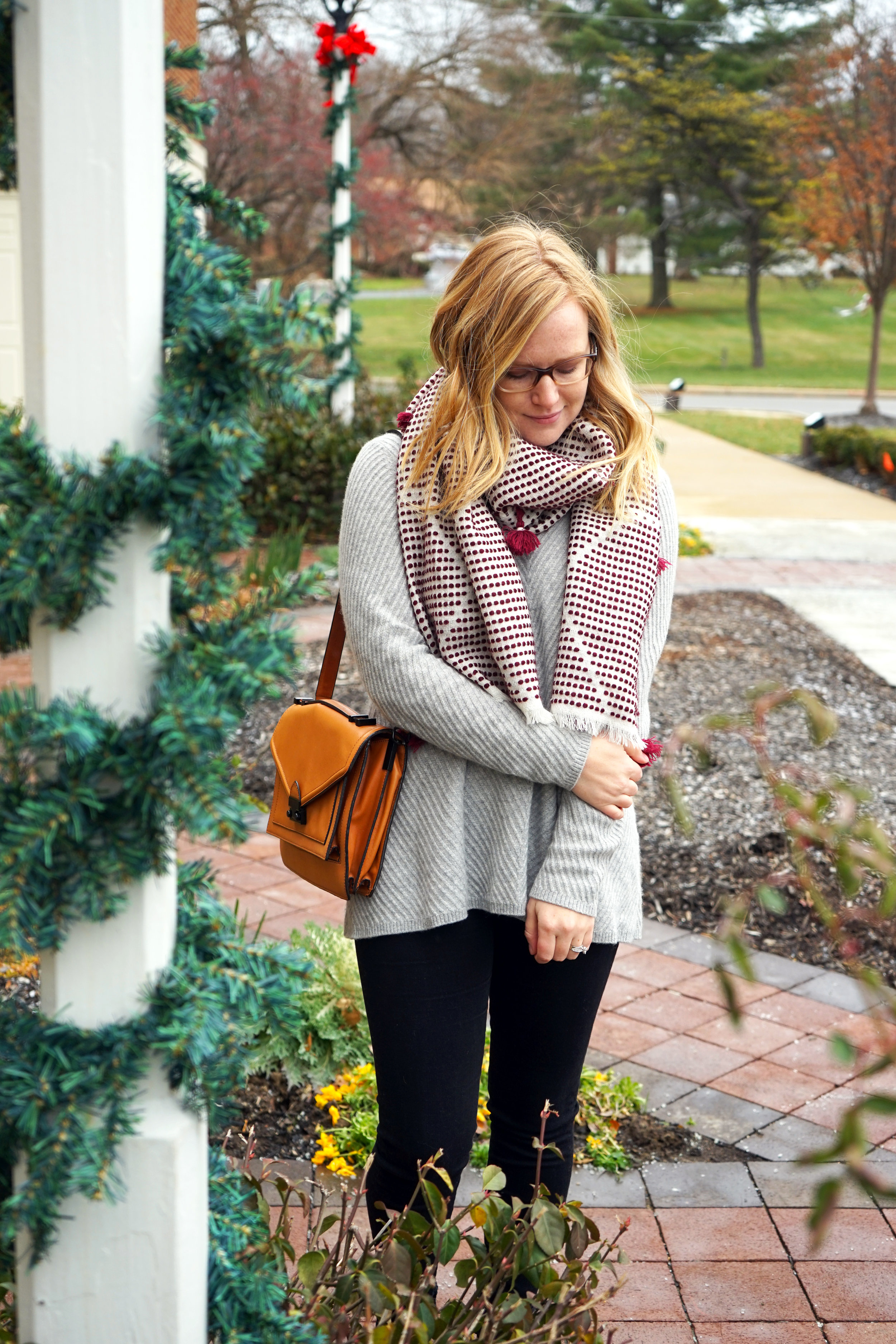 Maggie a la Mode - Madewell Diamond-Dash Tassel Scarf, Nordstrom Collection Chevron Cashmere Sweater, AG High-Waisted Skinny Jeans, Loeffler Randall Rider Bag