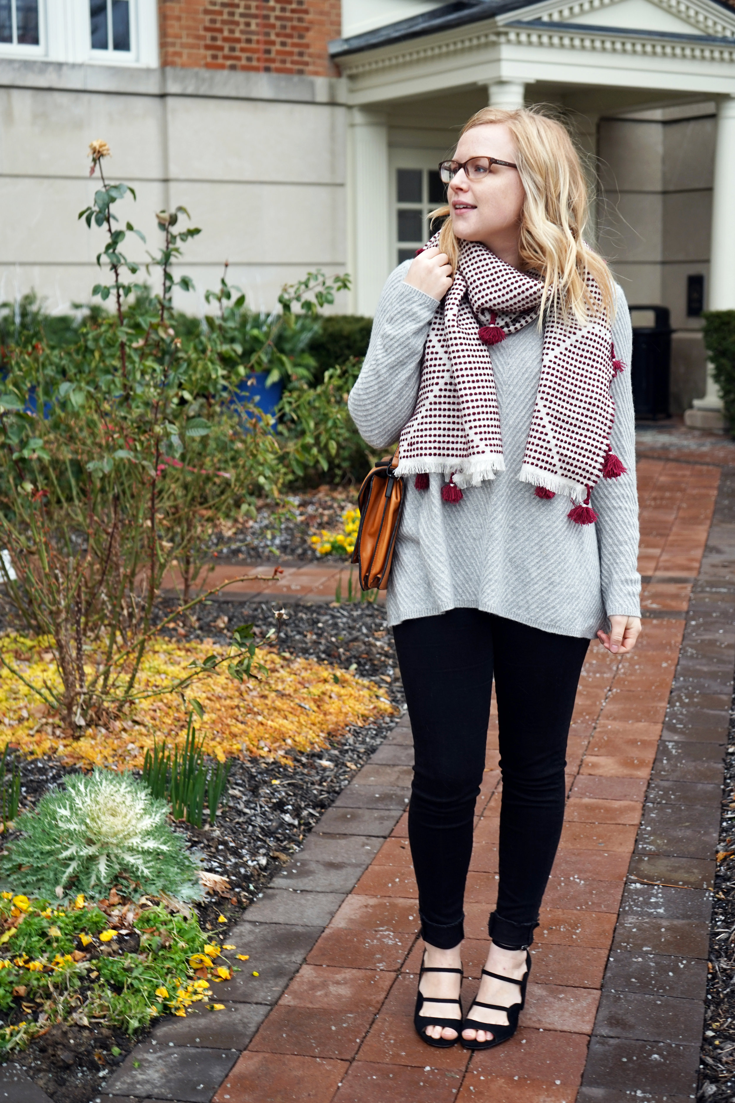Maggie a la Mode - Madewell Diamond-Dash Tassel Scarf, Nordstrom Collection Chevron Cashmere Sweater, AG High-Waisted Skinny Jeans, Ann Taylor Ashton Suede Scalloped Heels, Loeffler Randall Rider Bag
