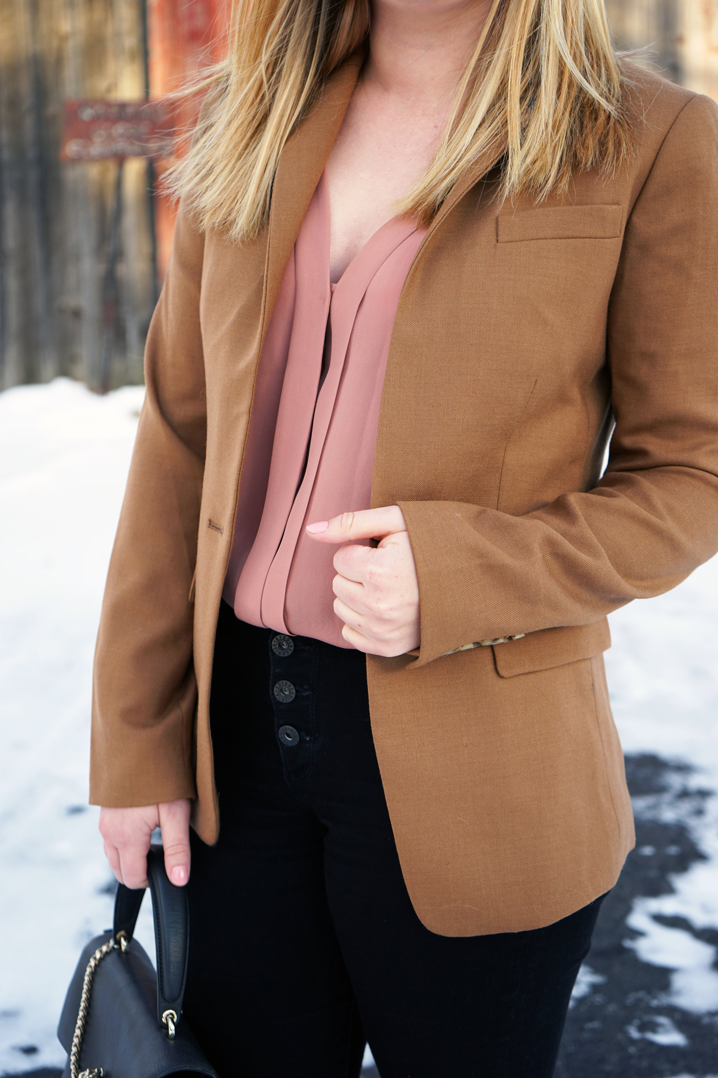 Maggie a la Mode - J Crew Regent Blazer, Vince Silk Top, AG High-Waisted Skinny Button Up Jeans, Luana Italy Paley Satchel