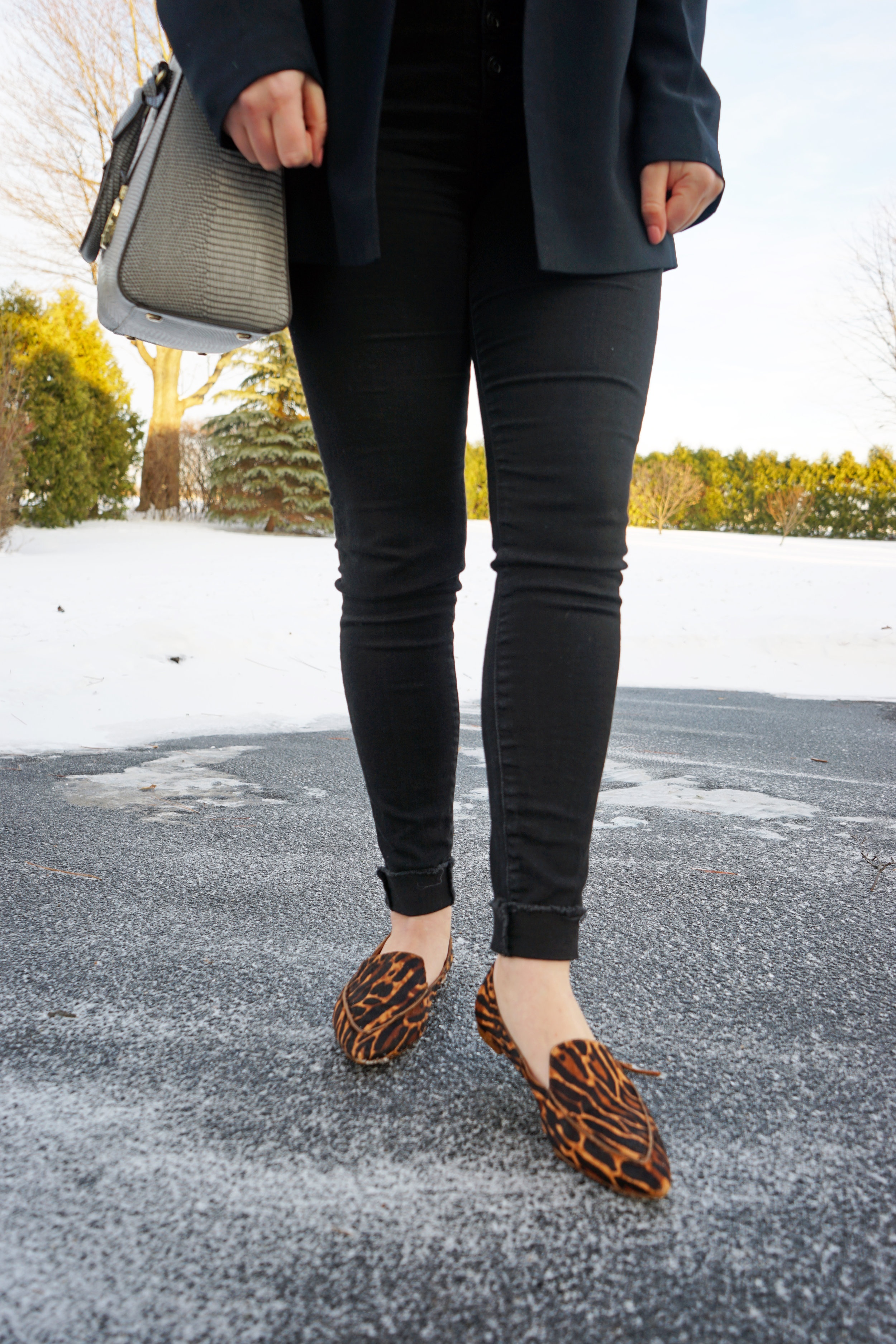 Maggie a la Mode - Madewell Lou Loafer in Animal Print Calf Hair, AG Button Up Fly Jeans, Henri Bendel West 57th Lizard Turnlock Satchel