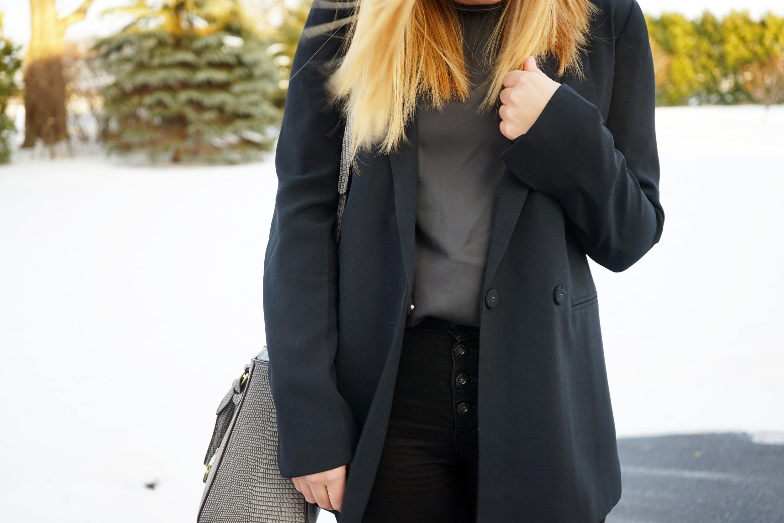 Maggie a la Mode - Madewell Boyfriend Blazer, Theory Melana Georgette Silk Top, AG Button Up Fly Jeans, Henri Bendel West 57th Lizard Turnlock Satchel