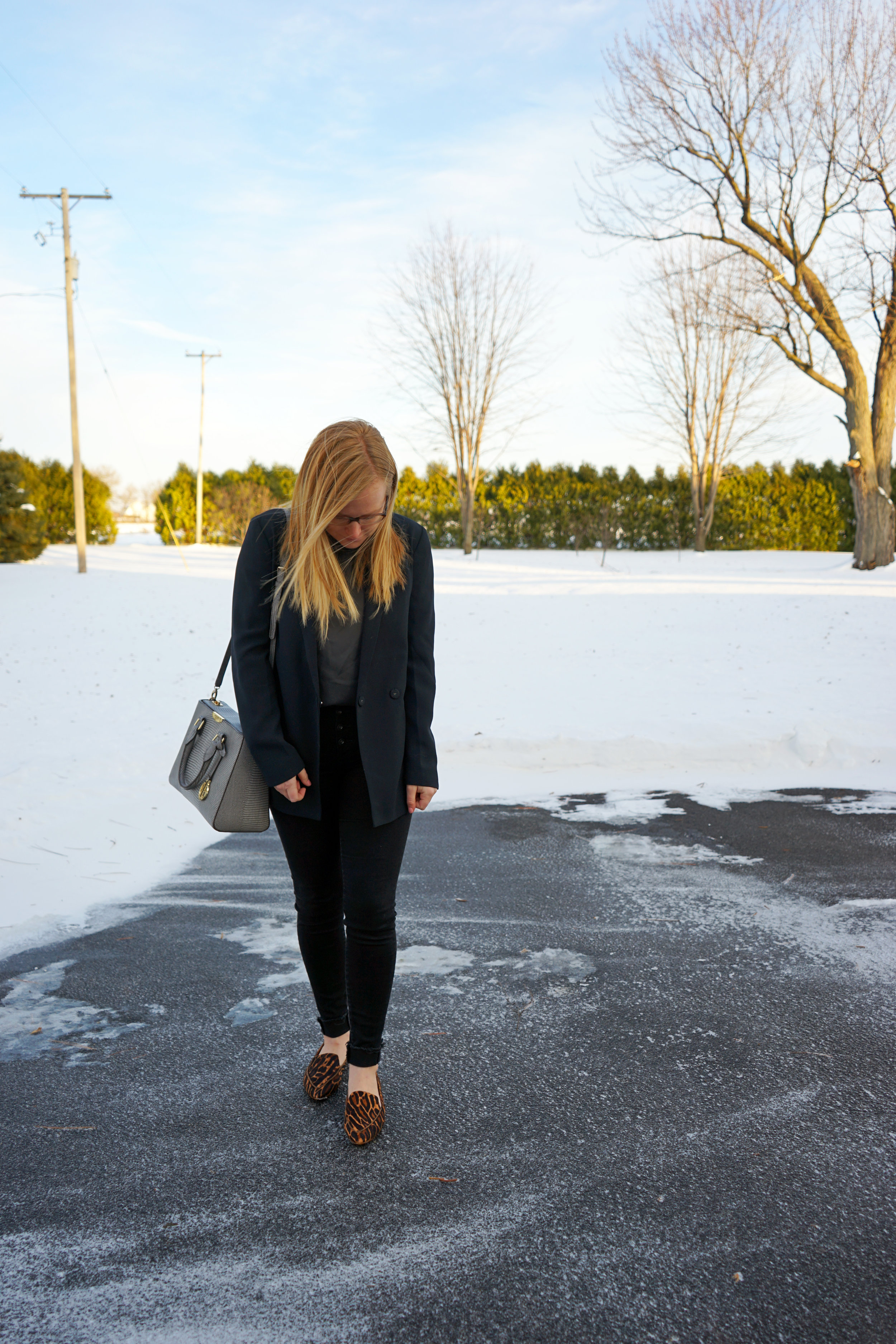 Maggie a la Mode - Madewell Lou Loafer in Animal Print Calf Hair, Madewell Boyfriend Blazer, Theory Melana Georgette Silk Top, AG Button Up Fly Jeans, Henri Bendel West 57th Lizard Turnlock Satchel