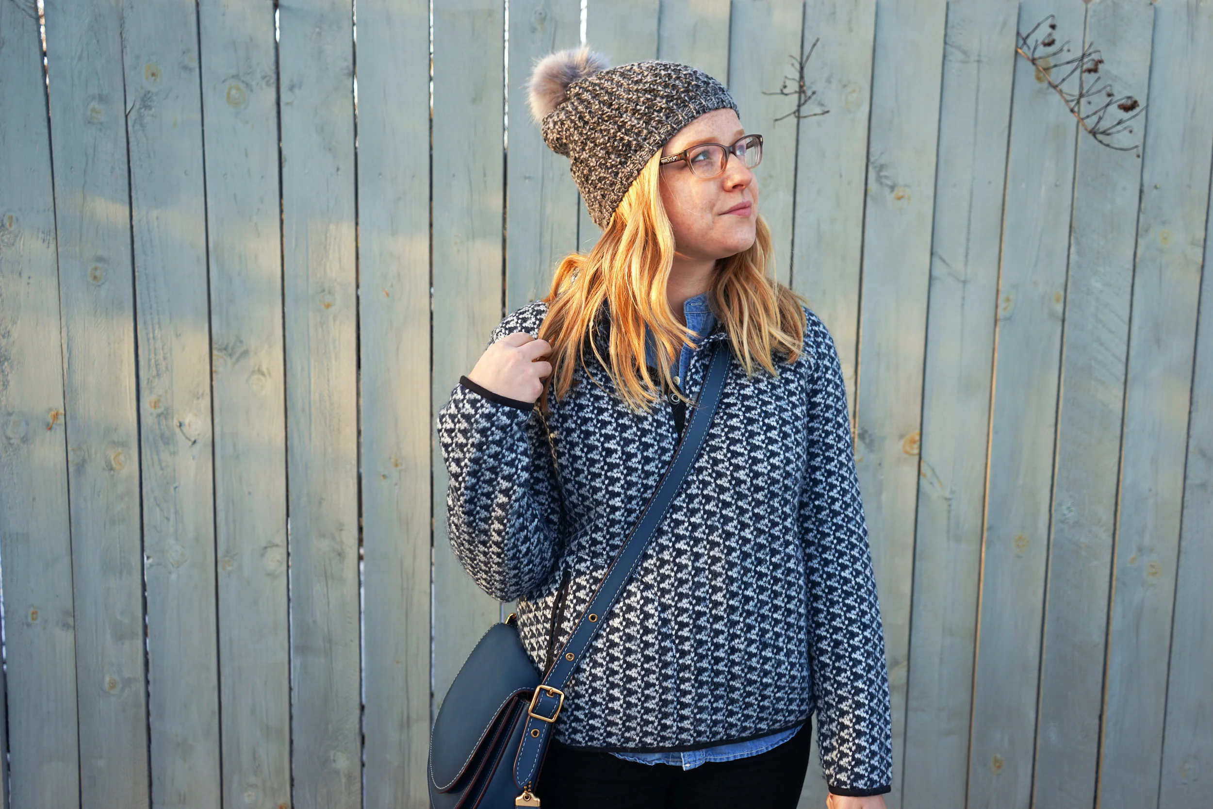 Maggie a la Mode - Madewell Harmonica Pullover, Madewell Perfect Chambray Sunday Shirt, Citizens of Humanity Rocket Jeans Axel, Free People Powder River Pom Beanie, Hunter Original Short Boot, Coach Saddle Bag 23