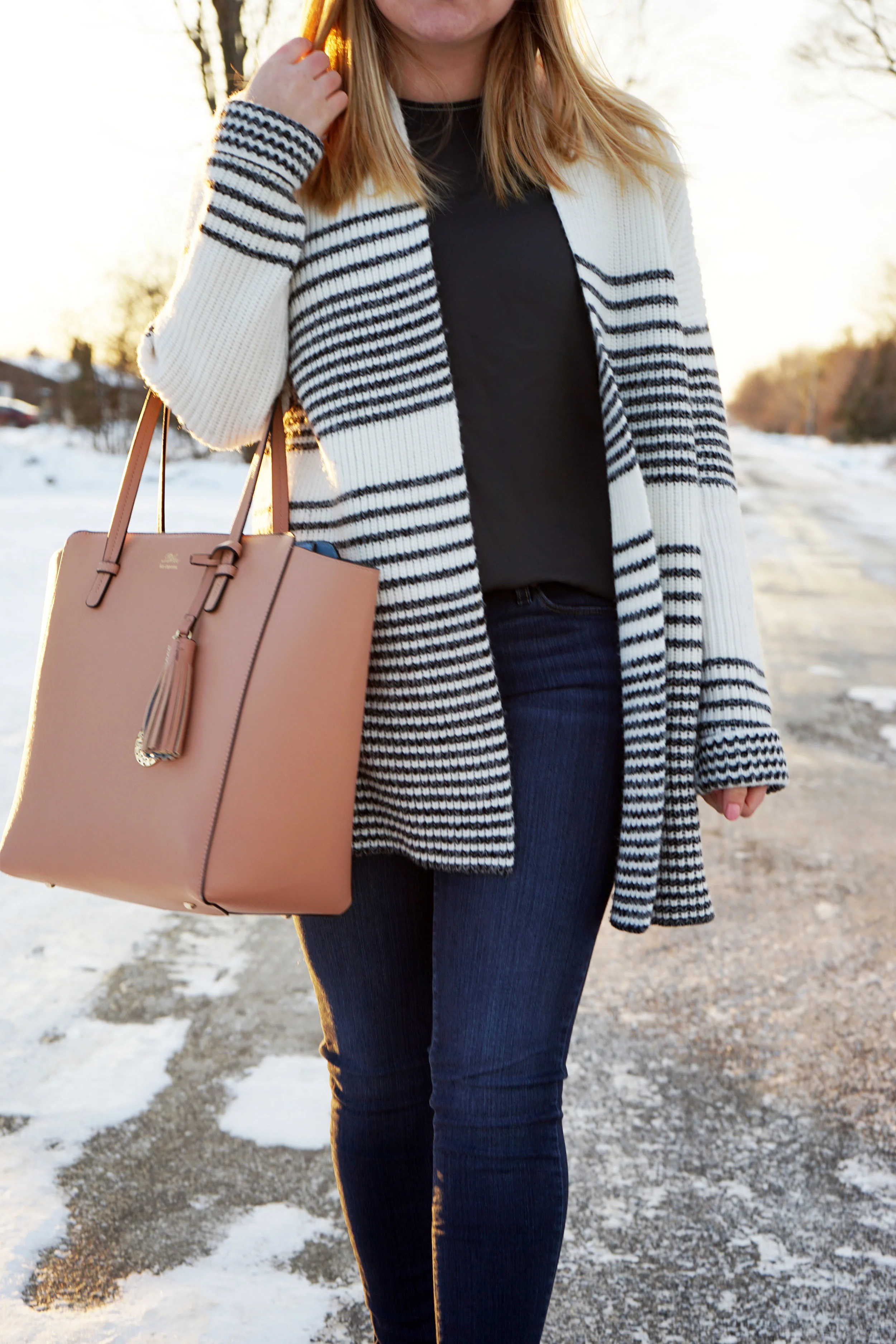 Maggie a la Mode - Gap Merino Wool Blend Gradient Stripe Shaker Cardigan, Theory Melana Modern Georgette Silk Top, Paige Transcend Verdugo Nottingham Jeans, Madewell Billie Boot, Blue Les Copains Tote
