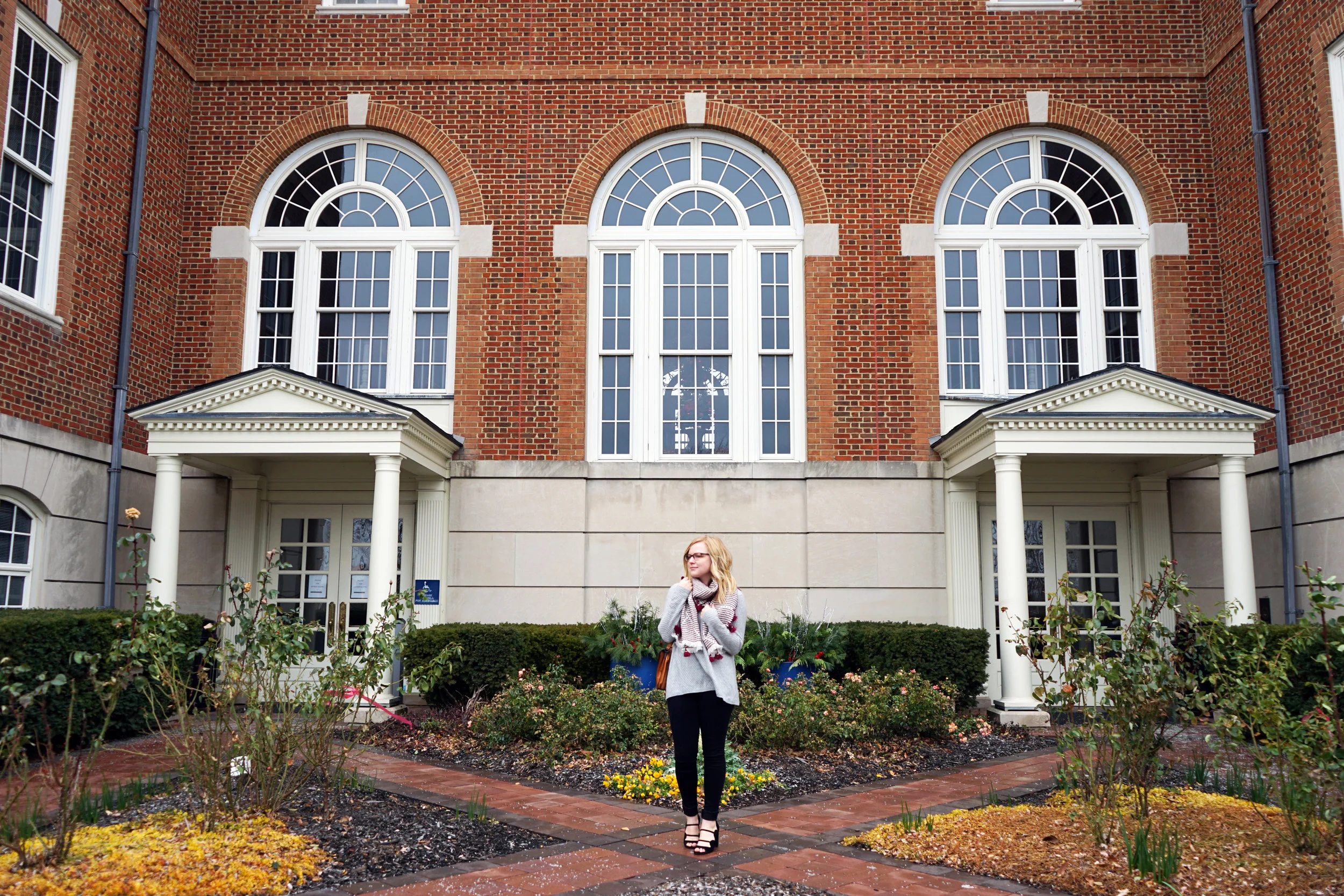 Maggie a la Mode - Madewell Diamond-Dash Tassel Scarf, Nordstrom Collection Chevron Cashmere Sweater, AG High-Waisted Skinny Jeans Button Up Fly, Ann Taylor Ashton Suede Scalloped Heels, Loeffler Randall Medium Rider Bag