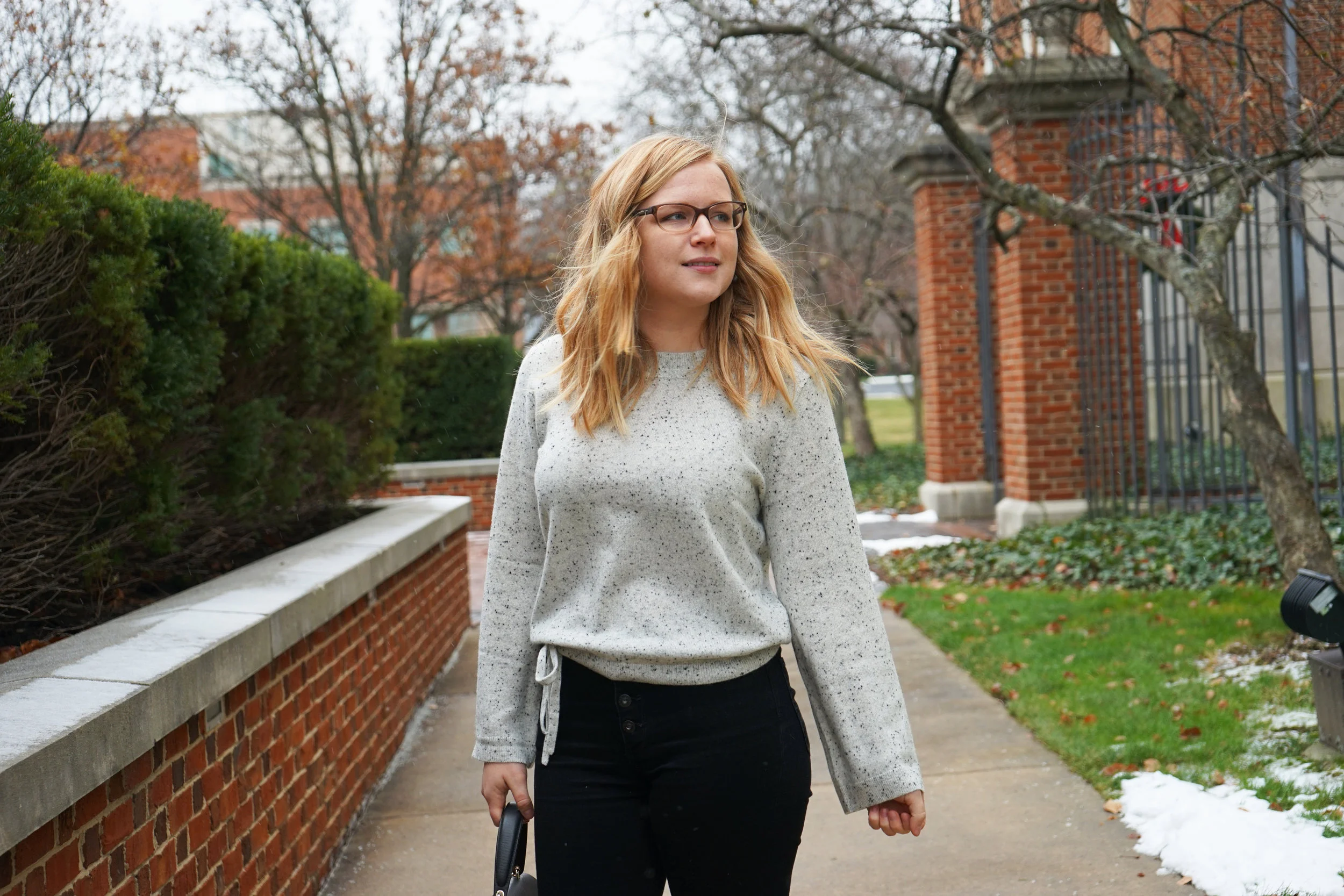 Maggie a la Mode - Madewell Cashmere Flare-Sleeve Crop Sweater Ash Donegal, AG Farrah Button Fly Skinny Jeans, Forever 21 Over the Knee Boots, Fleurette Wool Collar Car Coat Vicuna, Luana Italy Paley Satchel