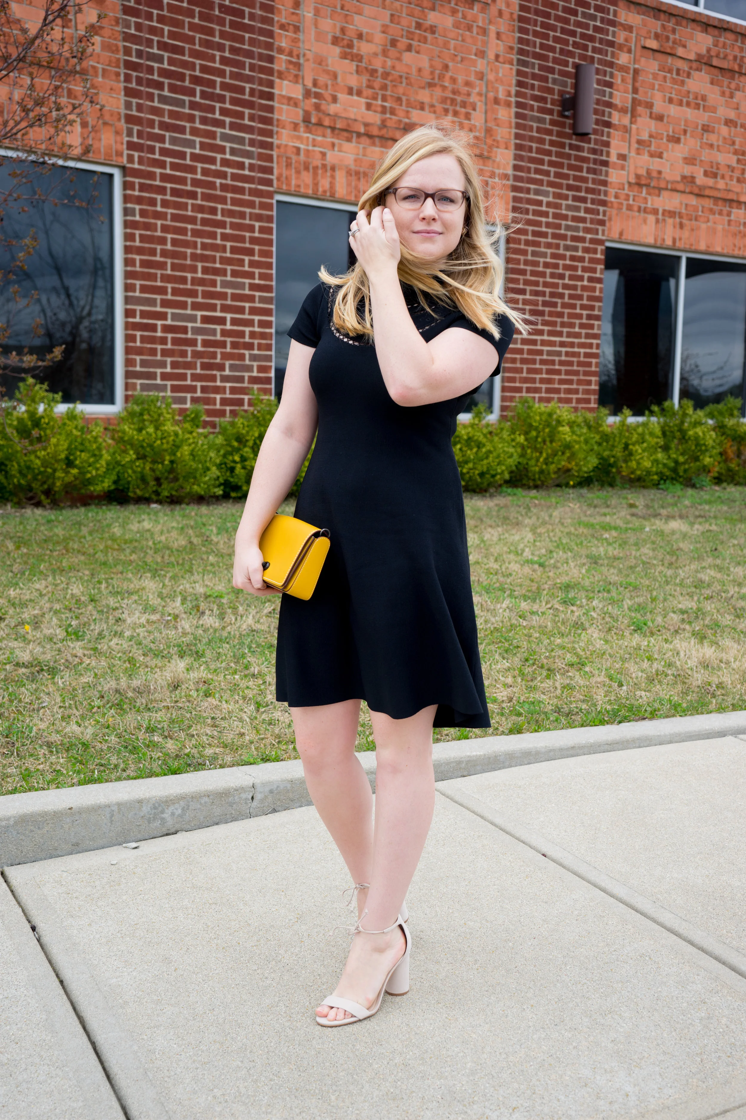 Maggie a la Mode - Eliza J Cutout Fit and Flare Dress, Steve Madden Shays Ice, Coach Dinky Crossbody, Nadri Starry Night Ear Crawlers Earrings